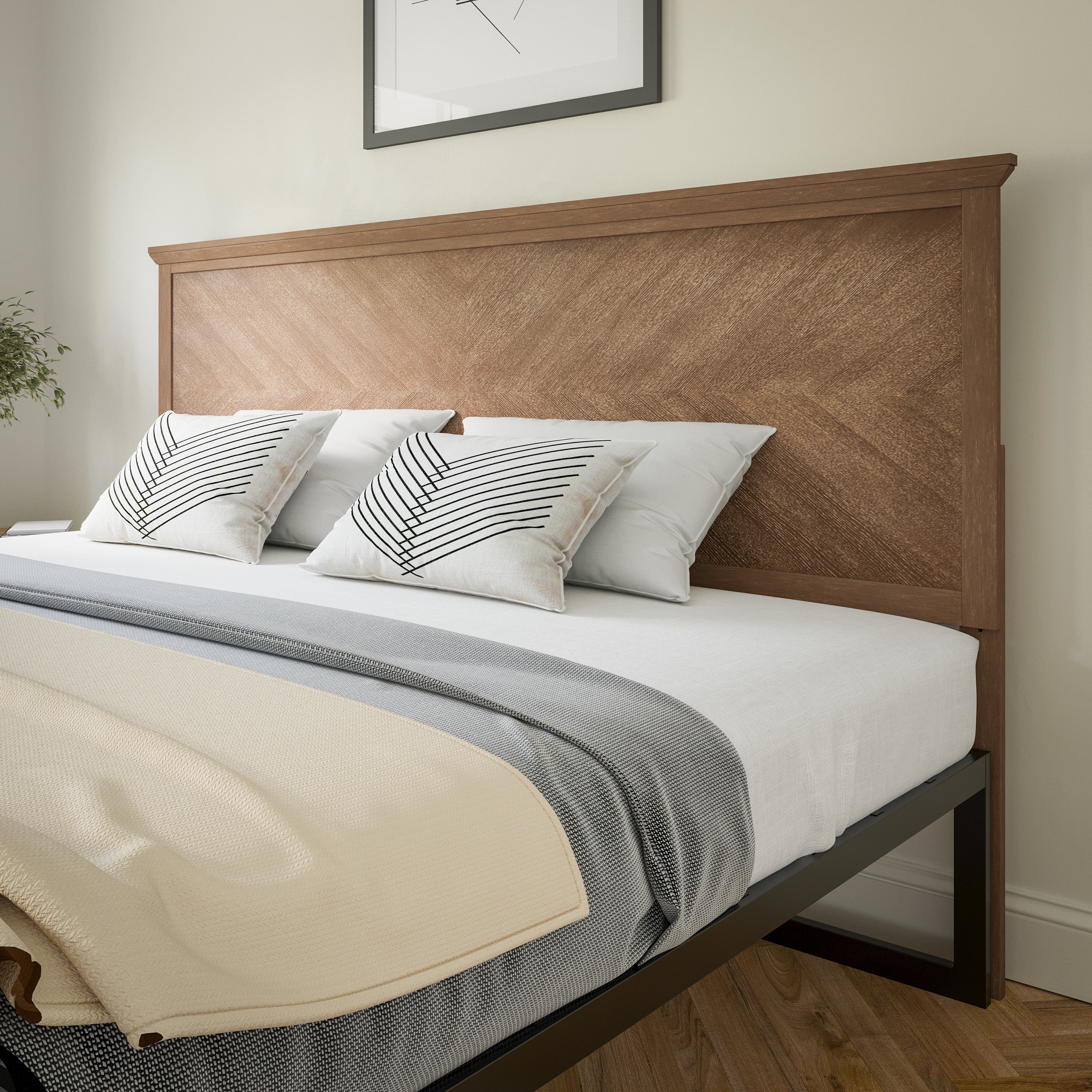 Fiona King Size Herringbone Wooden Adjustable Headboard for Universal Metal Bed Frames in Light Brown