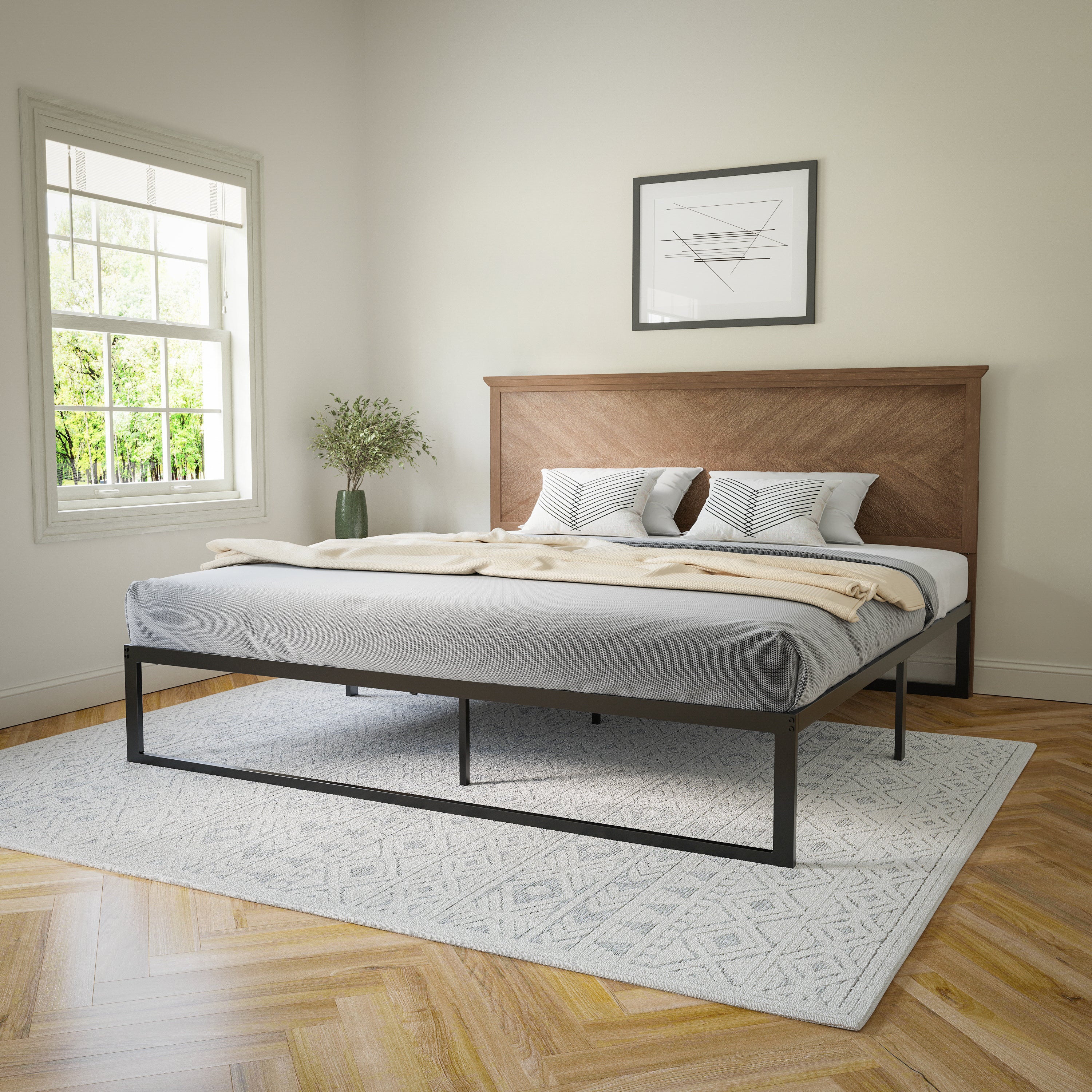 Fiona King Size Herringbone Wooden Adjustable Headboard for Universal Metal Bed Frames in Light Brown