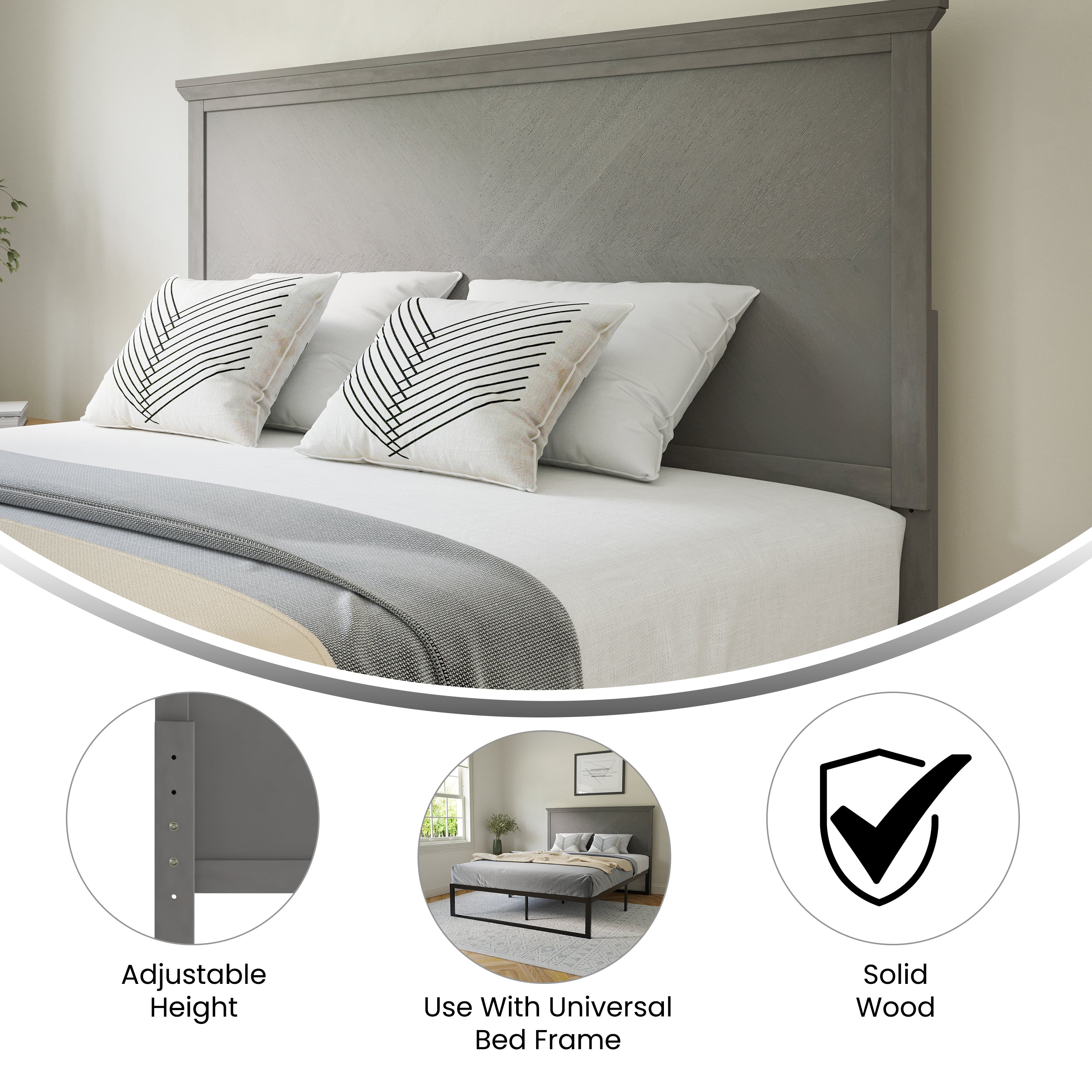 Fiona Queen Size Herringbone Wooden Adjustable Headboard for Universal Metal Bed Frames in Gray Wash