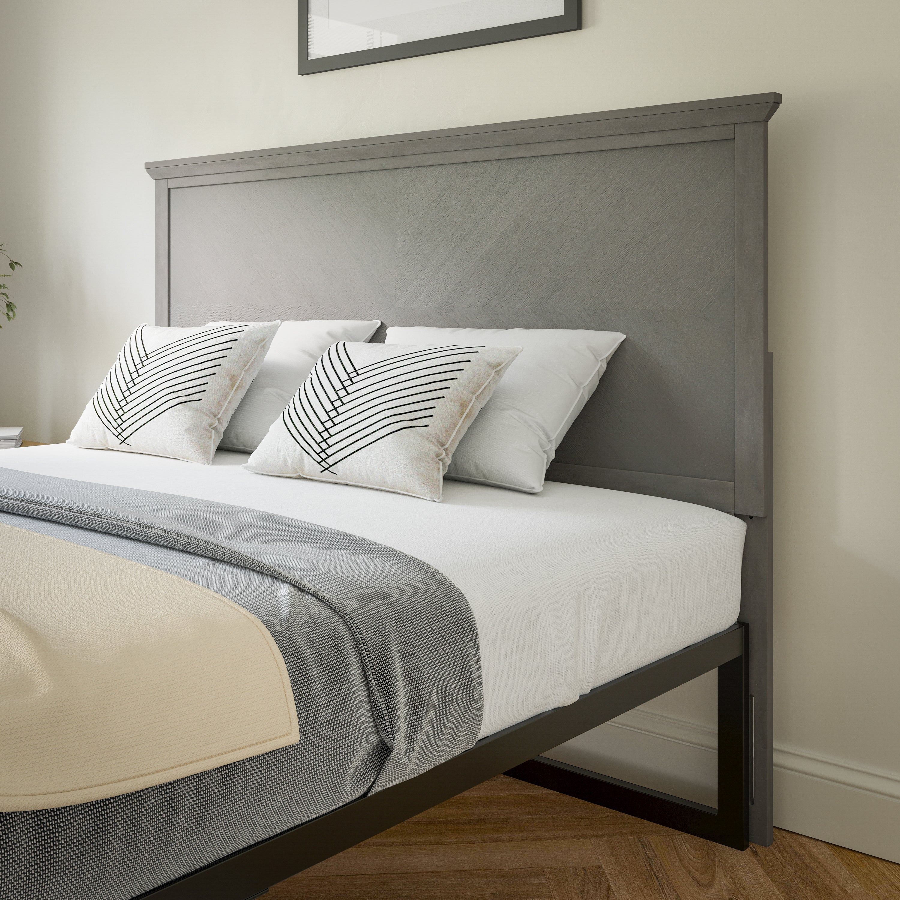 Fiona Queen Size Herringbone Wooden Adjustable Headboard for Universal Metal Bed Frames in Gray Wash