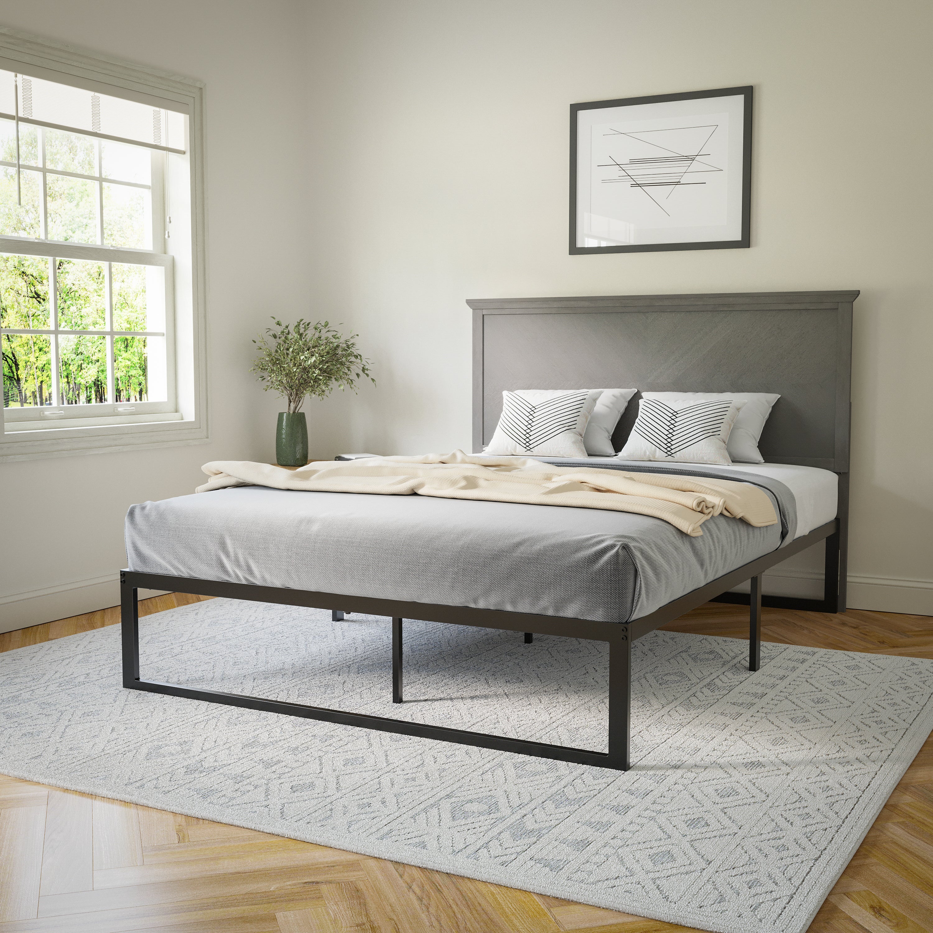Fiona Queen Size Herringbone Wooden Adjustable Headboard for Universal Metal Bed Frames in Gray Wash