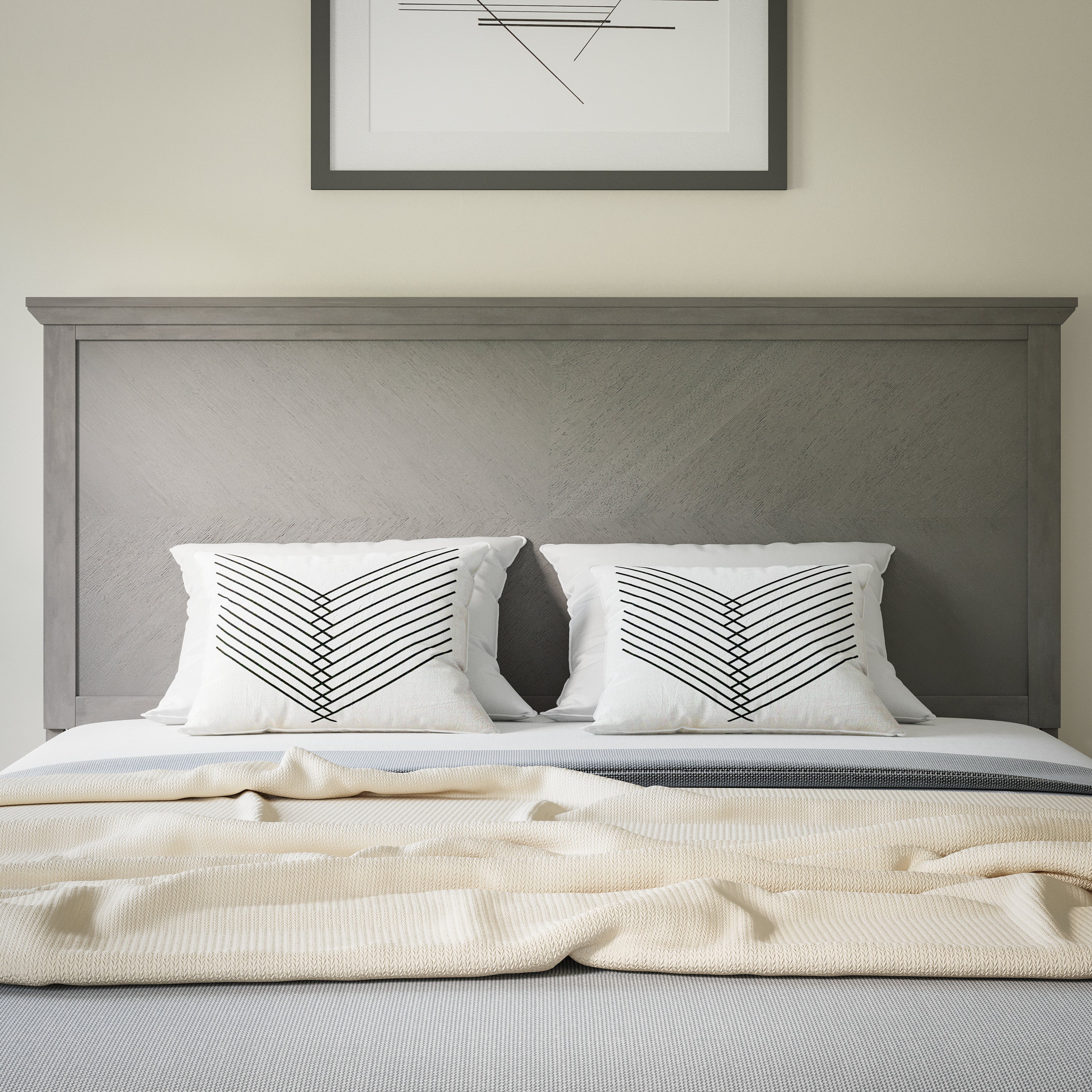 Fiona Queen Size Herringbone Wooden Adjustable Headboard for Universal Metal Bed Frames in Gray Wash