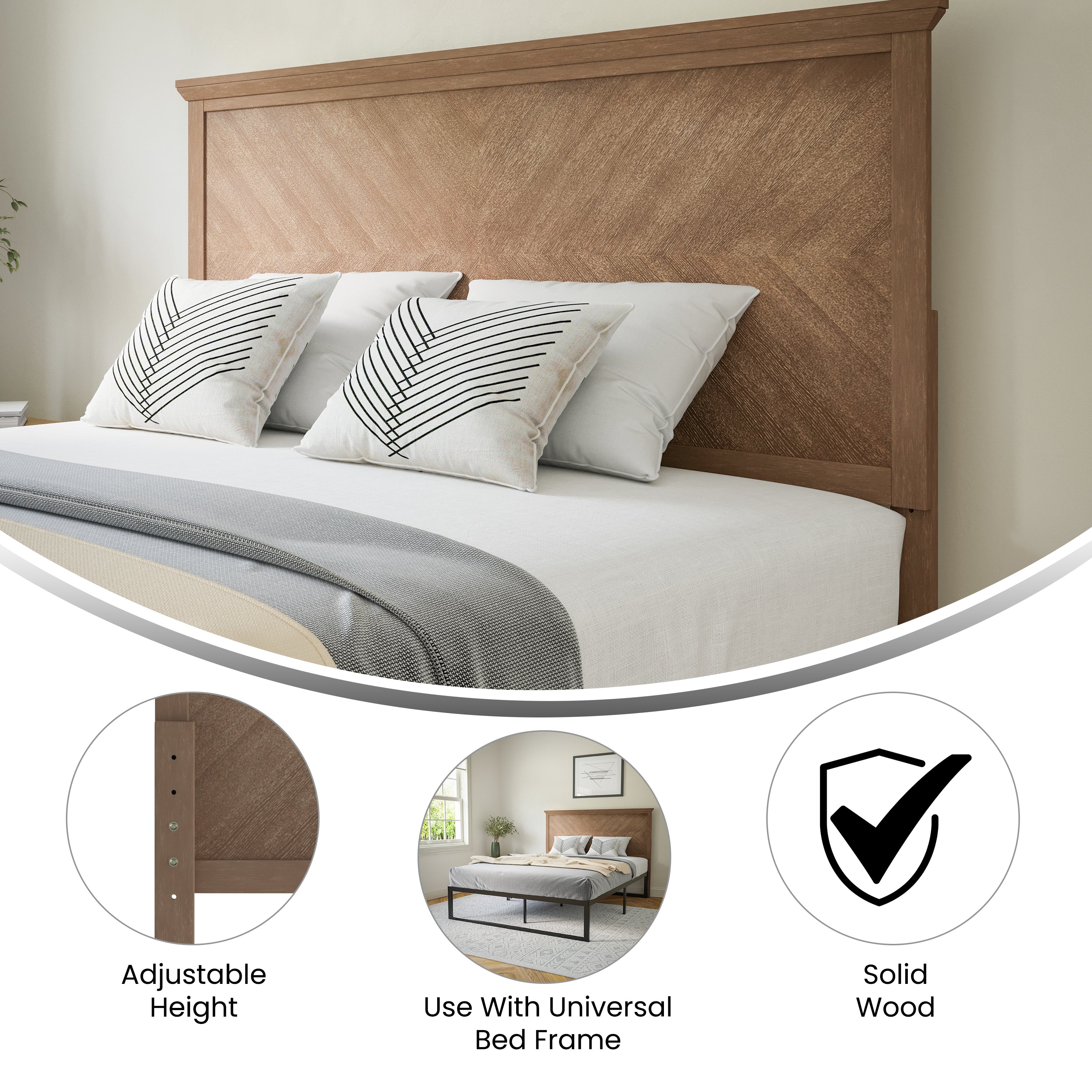 Fiona Queen Size Herringbone Wooden Adjustable Headboard for Universal Metal Bed Frames in Light Brown