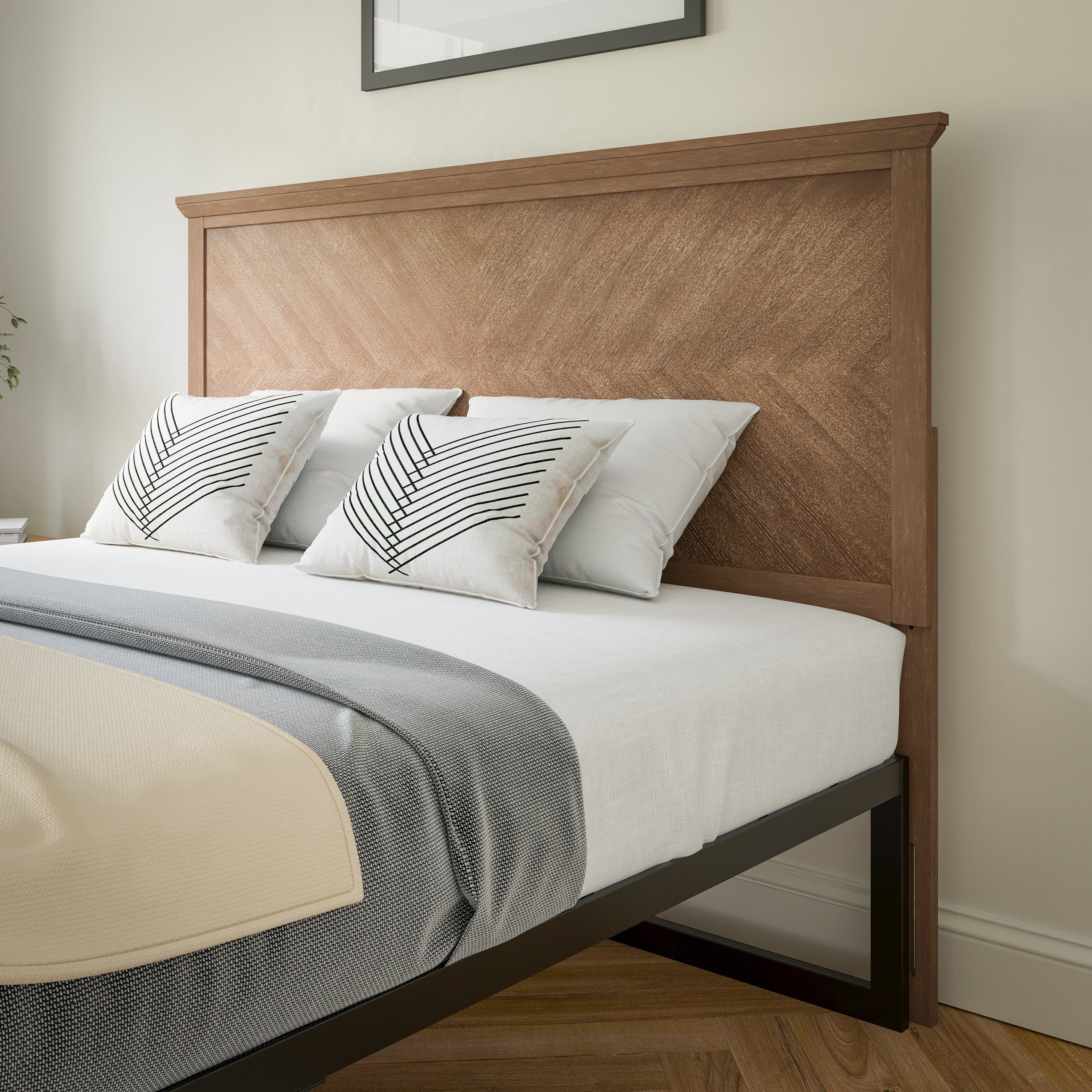 Fiona Queen Size Herringbone Wooden Adjustable Headboard for Universal Metal Bed Frames in Light Brown
