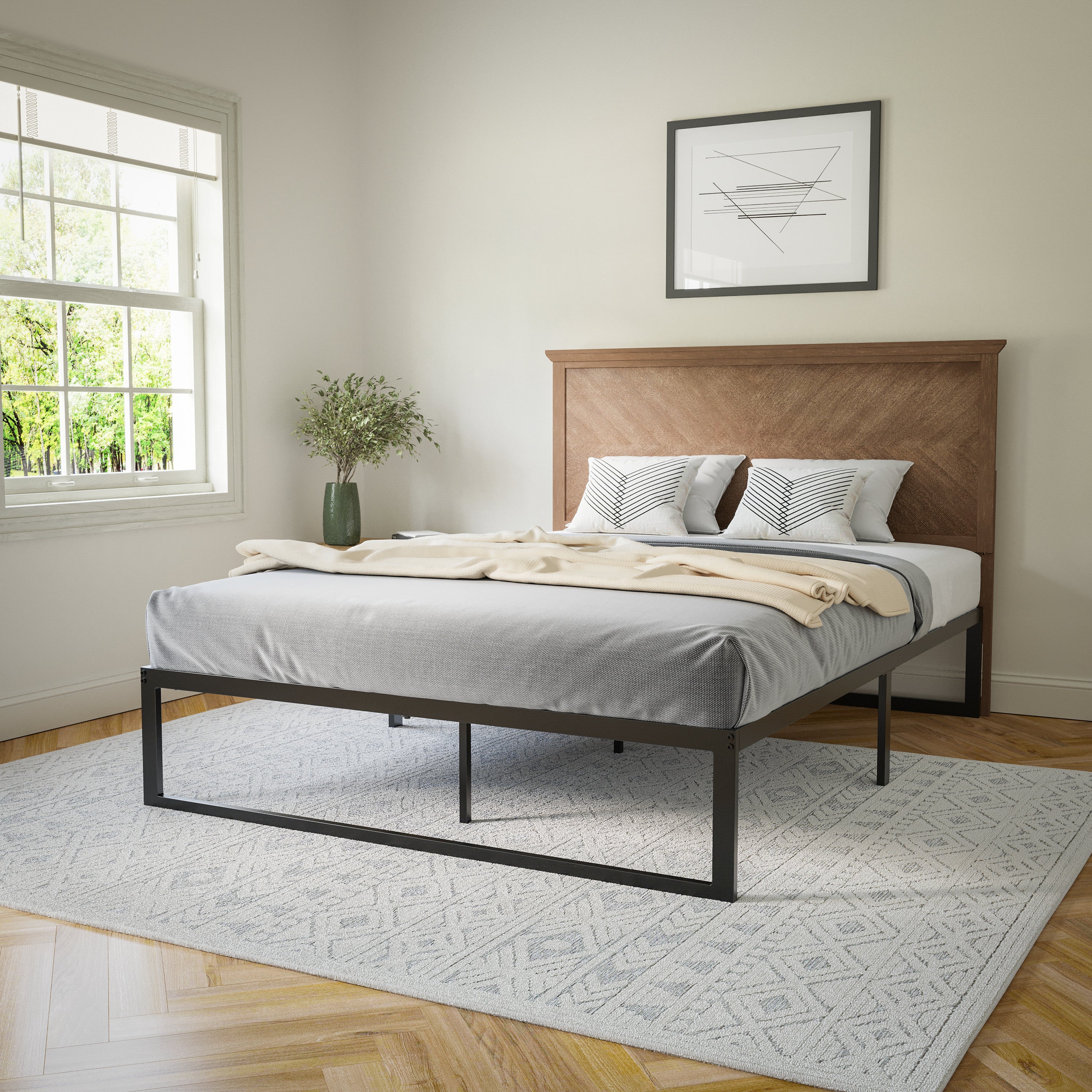 Fiona Queen Size Herringbone Wooden Adjustable Headboard for Universal Metal Bed Frames in Light Brown
