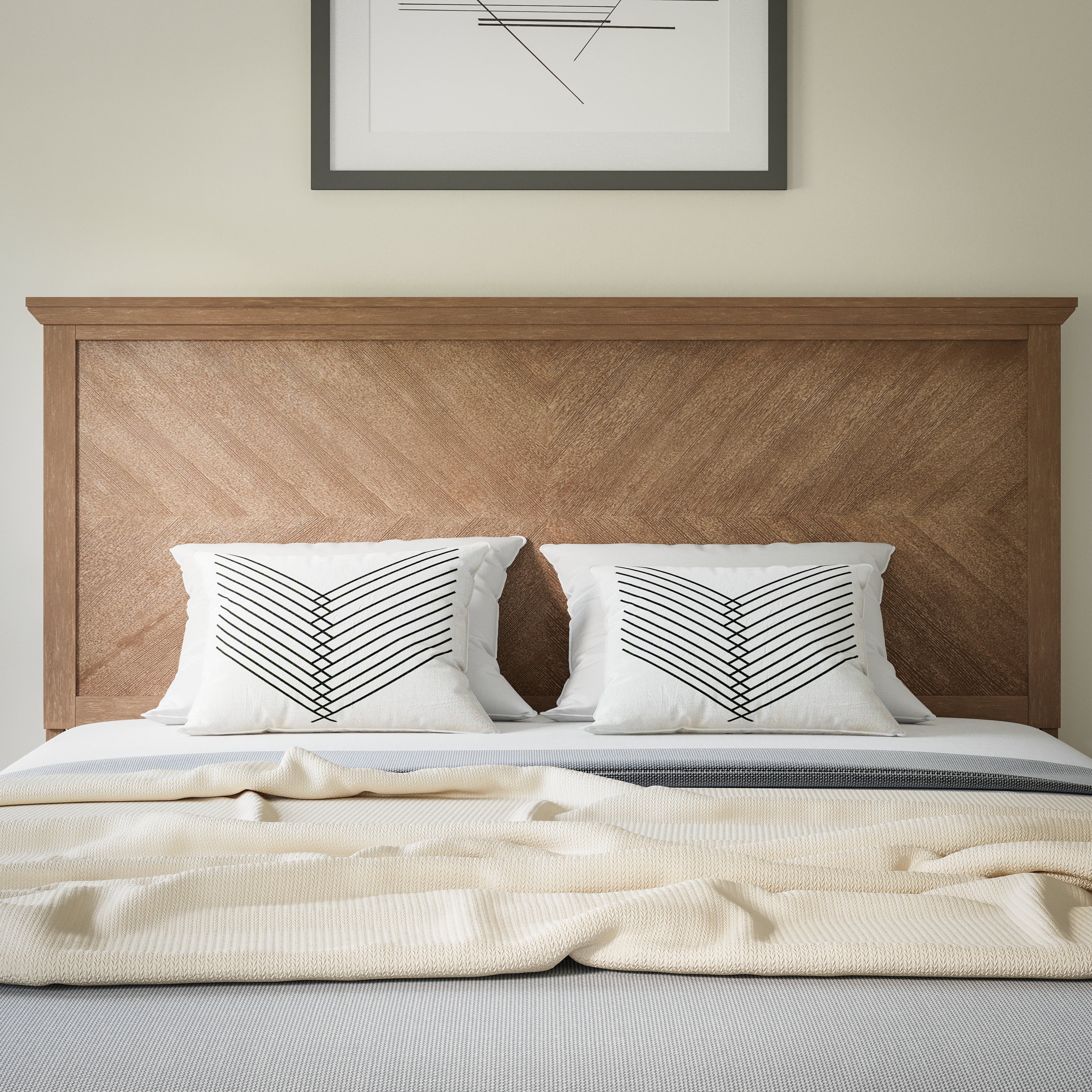 Fiona Queen Size Herringbone Wooden Adjustable Headboard for Universal Metal Bed Frames in Light Brown