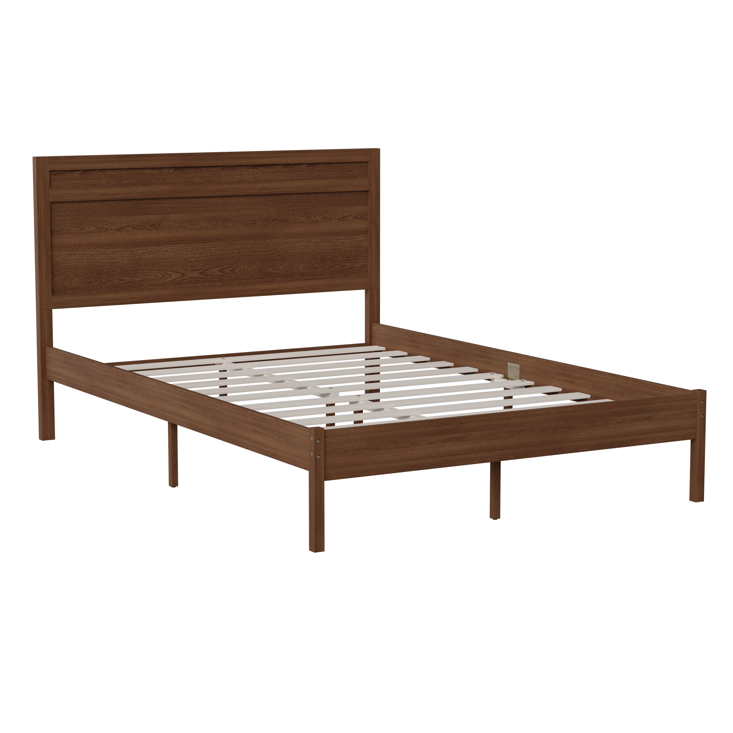 Kingston Full Size Solid Wood Platform Bed with Wooden Slats and Headboard, No Box Spring Needed, Brown
