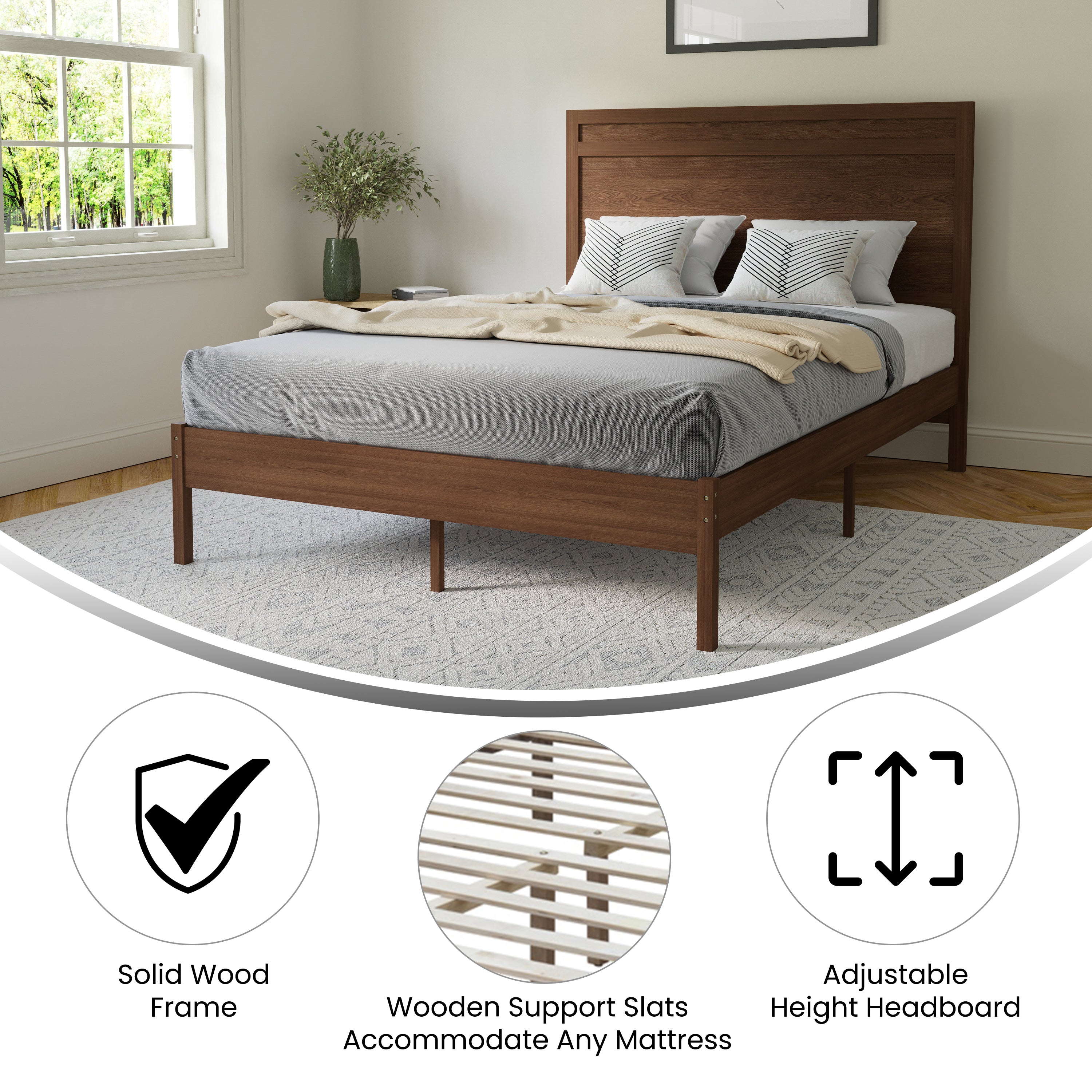 Kingston Full Size Solid Wood Platform Bed with Wooden Slats and Headboard, No Box Spring Needed, Brown