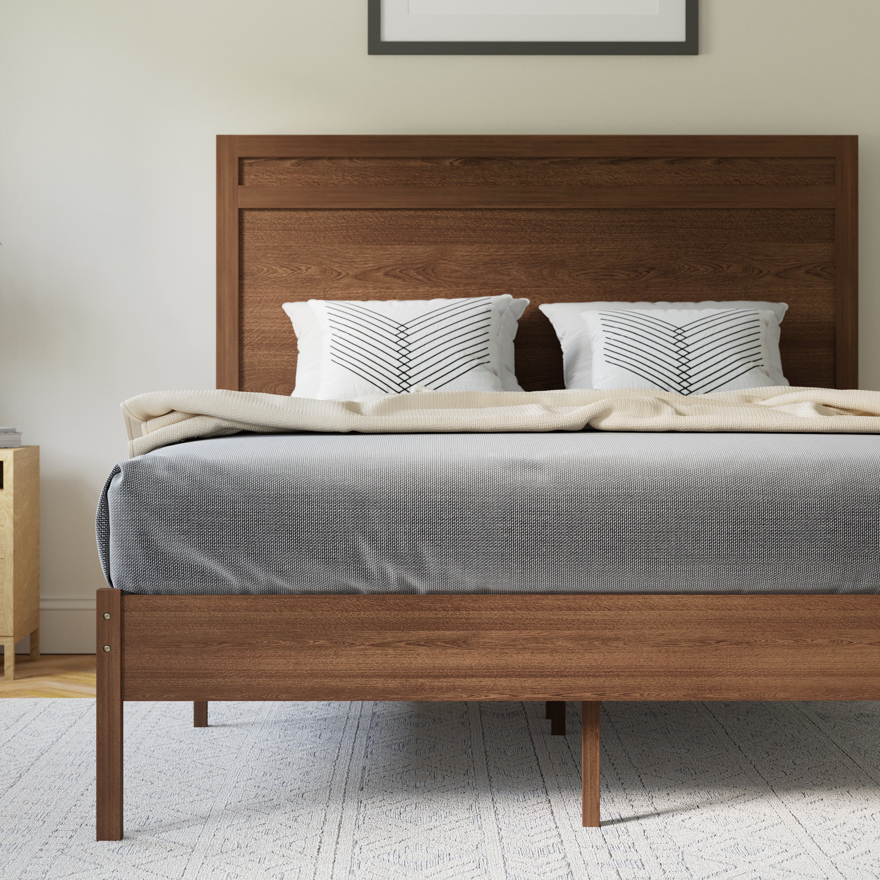 Kingston Full Size Solid Wood Platform Bed with Wooden Slats and Headboard, No Box Spring Needed, Brown