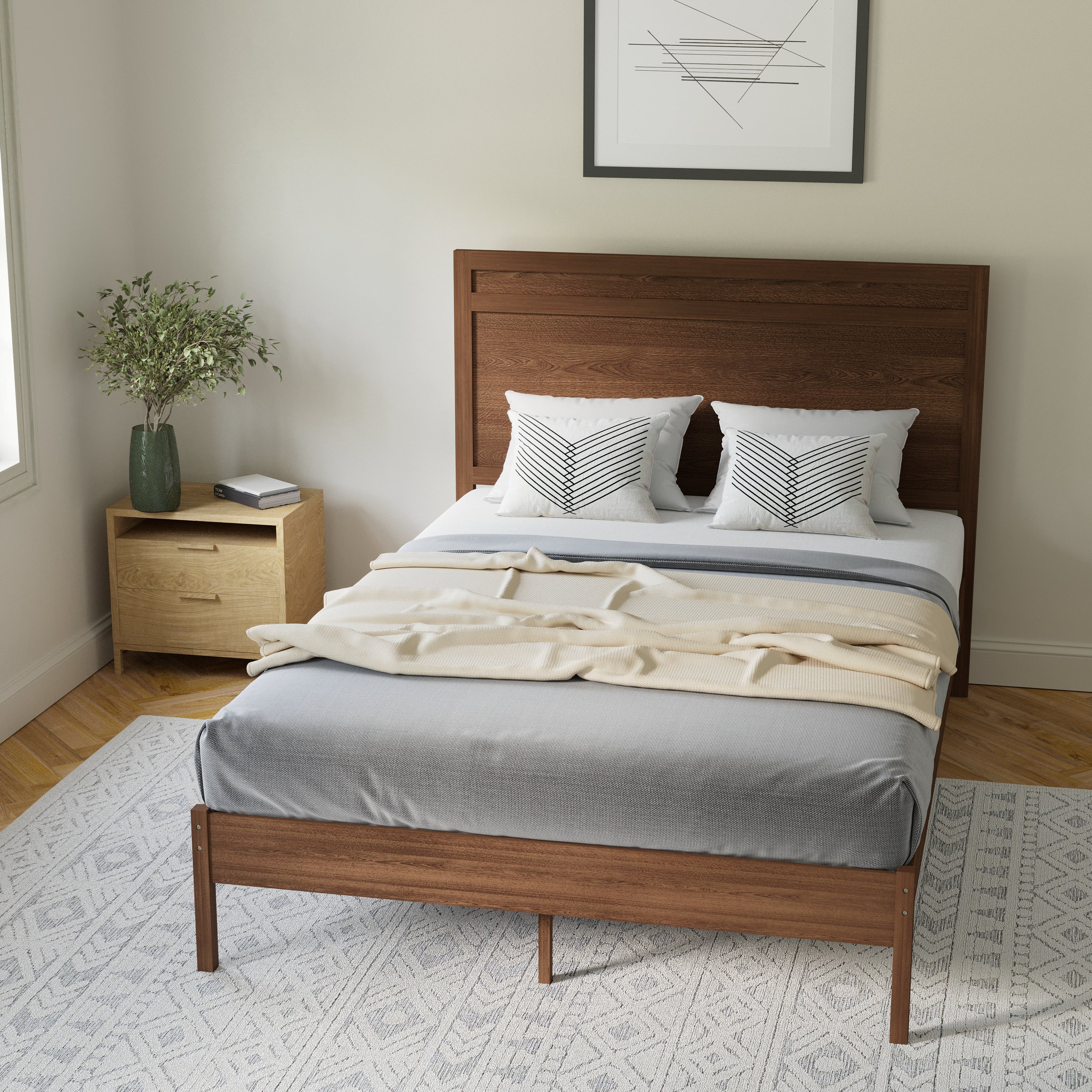 Kingston Full Size Solid Wood Platform Bed with Wooden Slats and Headboard, No Box Spring Needed, Brown