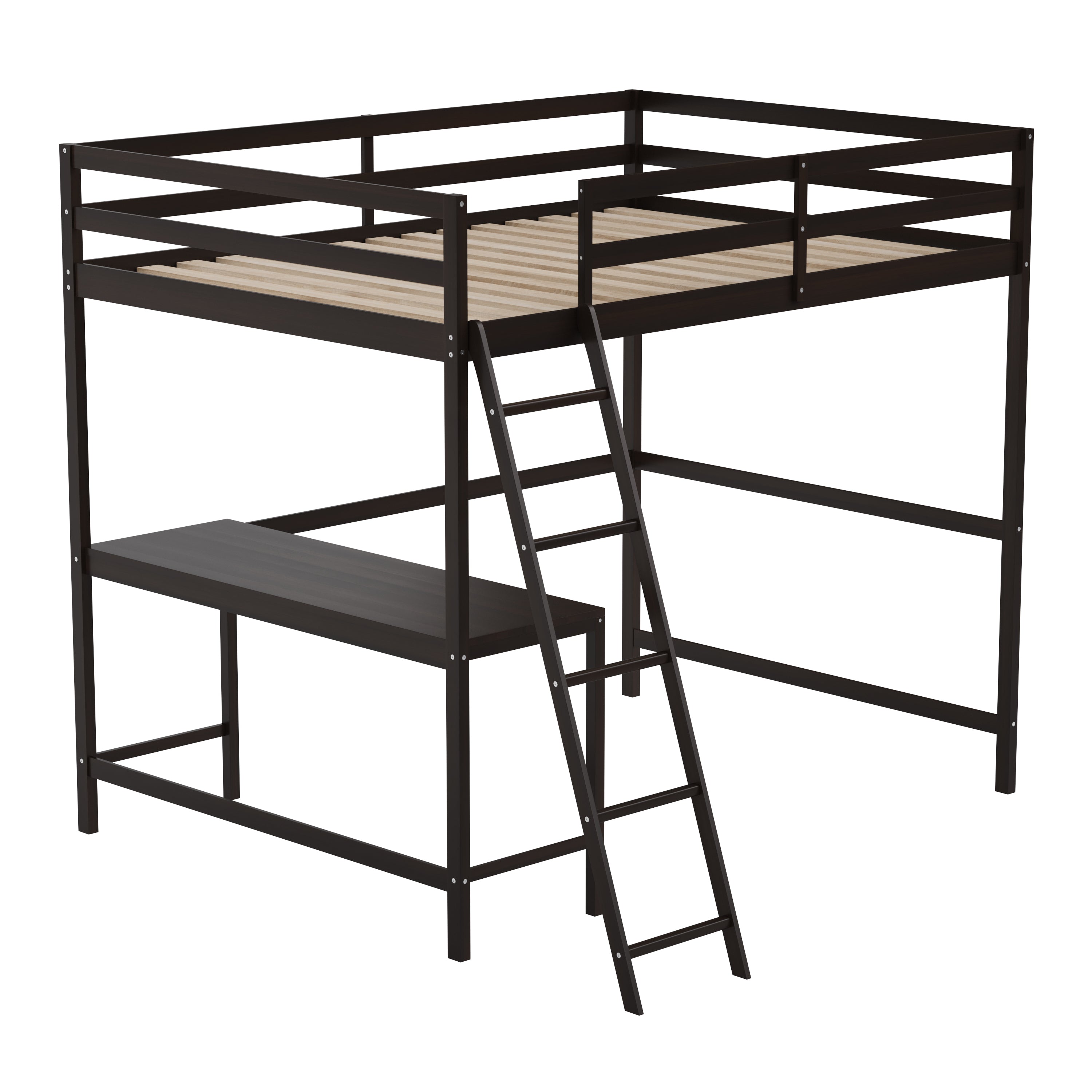 Riley Loft Bed Frame with Desk, Full Size Wooden Bed Frame with Protective Guard Rails & Ladder for Kids and Teens - Espresso