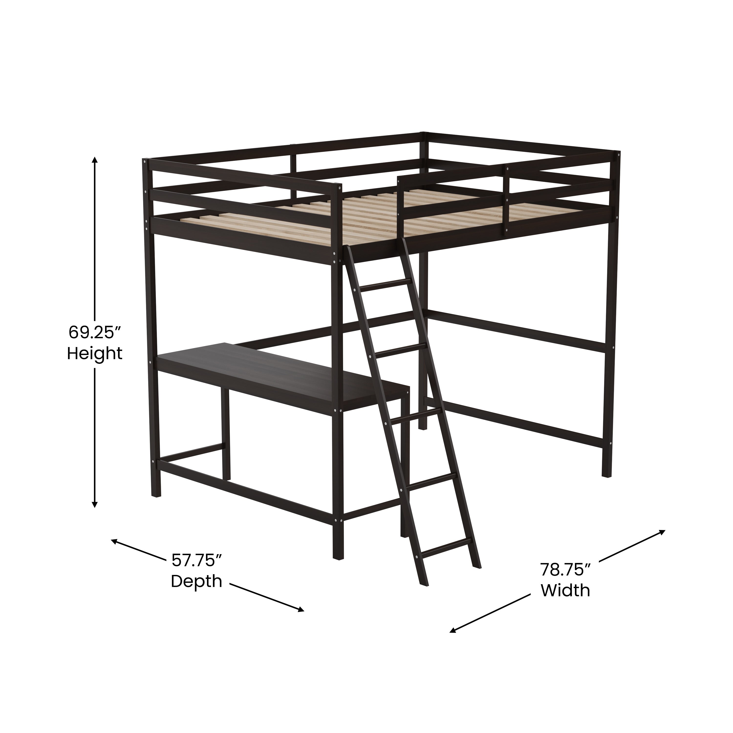 Riley Loft Bed Frame with Desk, Full Size Wooden Bed Frame with Protective Guard Rails & Ladder for Kids and Teens - Espresso