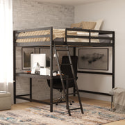Riley Loft Bed Frame with Desk, Full Size Wooden Bed Frame with Protective Guard Rails & Ladder for Kids and Teens - Espresso