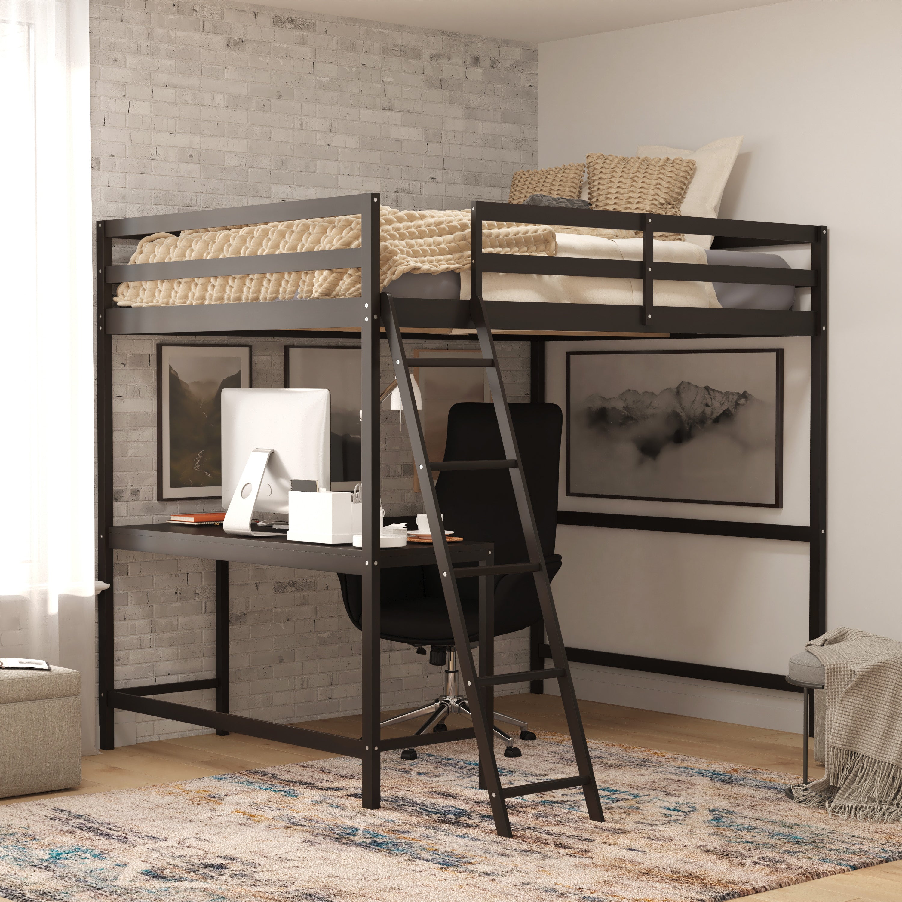 Riley Loft Bed Frame with Desk, Full Size Wooden Bed Frame with Protective Guard Rails & Ladder for Kids and Teens - Espresso