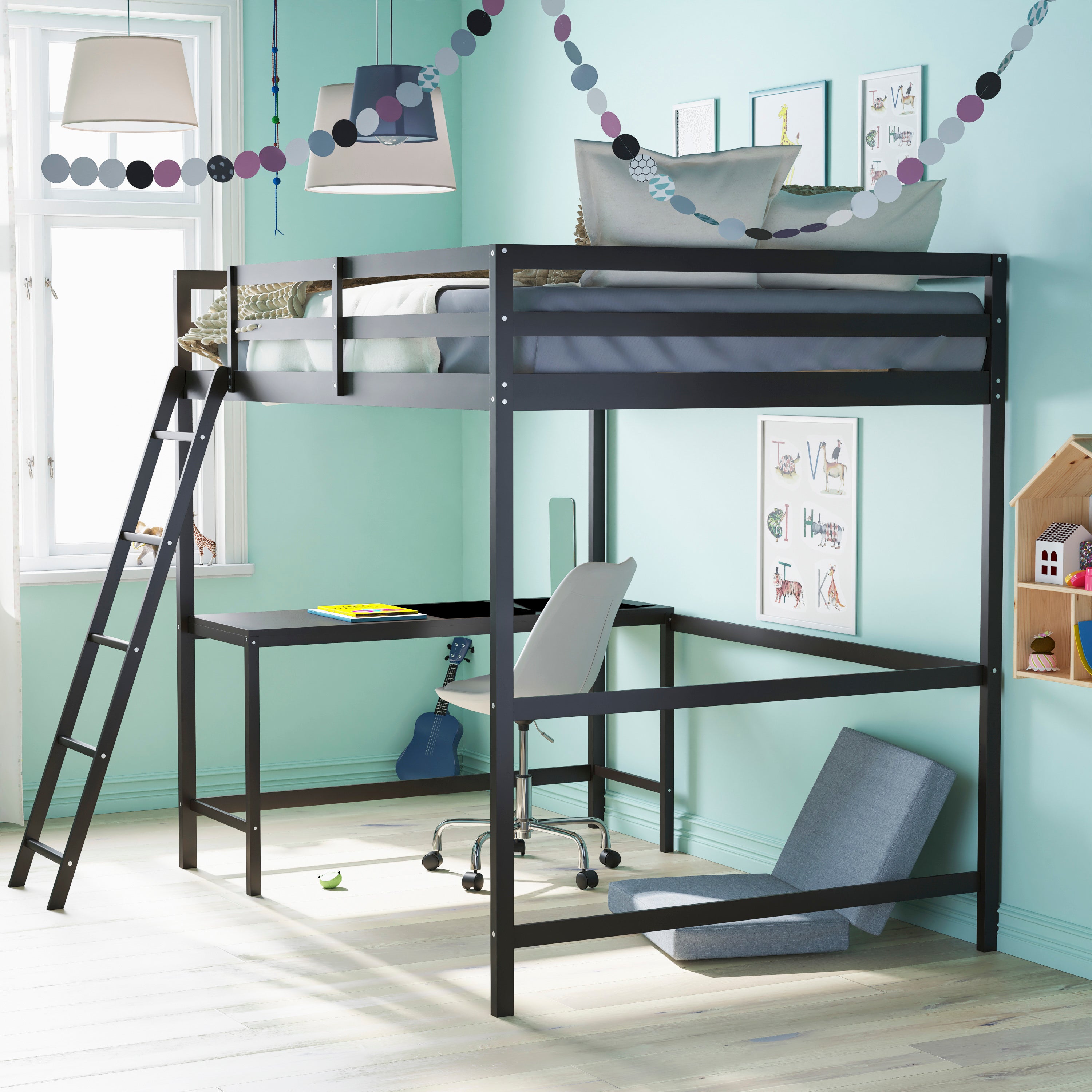Riley Loft Bed Frame with Desk, Full Size Wooden Bed Frame with Protective Guard Rails & Ladder for Kids and Teens - Espresso