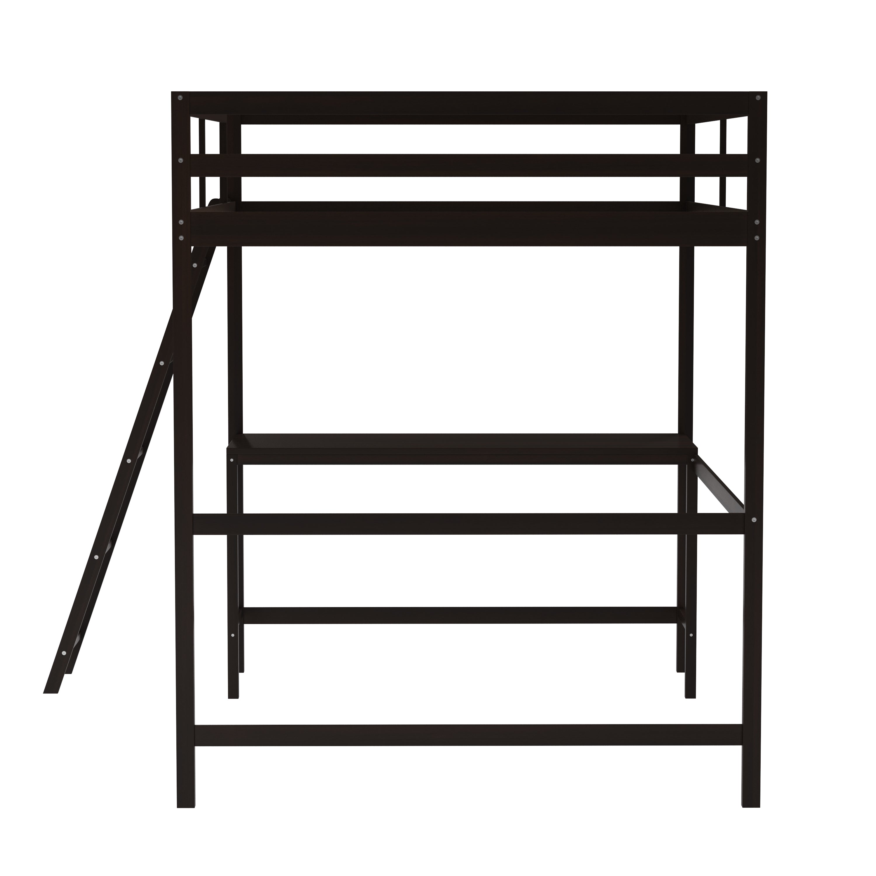 Riley Loft Bed Frame with Desk, Full Size Wooden Bed Frame with Protective Guard Rails & Ladder for Kids and Teens - Espresso
