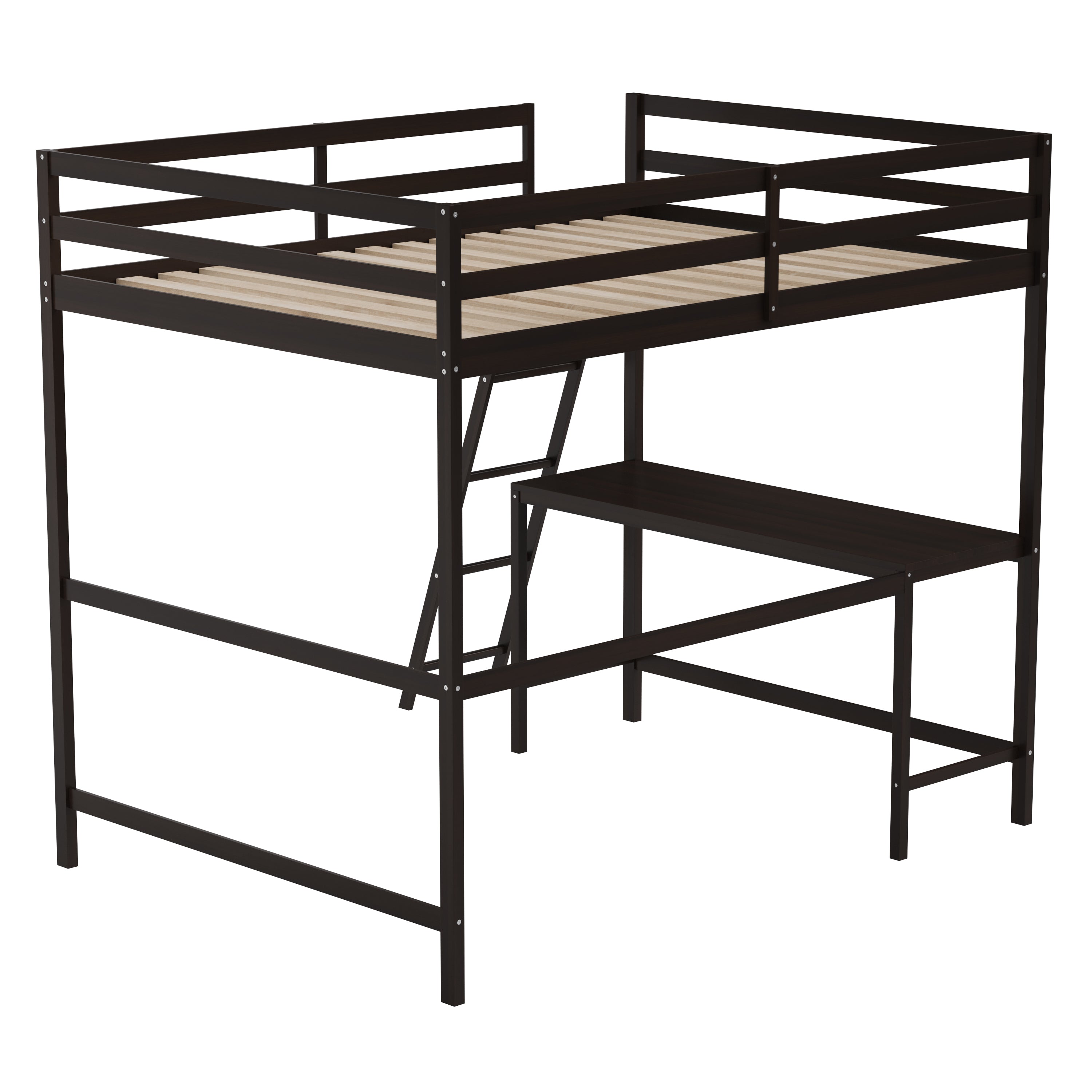 Riley Loft Bed Frame with Desk, Full Size Wooden Bed Frame with Protective Guard Rails & Ladder for Kids and Teens - Espresso