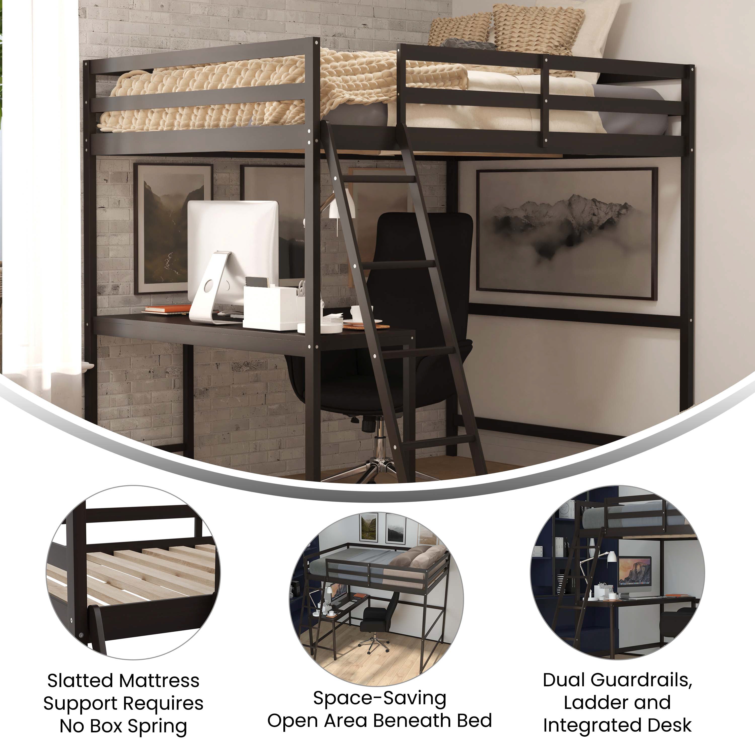 Riley Loft Bed Frame with Desk, Full Size Wooden Bed Frame with Protective Guard Rails & Ladder for Kids and Teens - Espresso