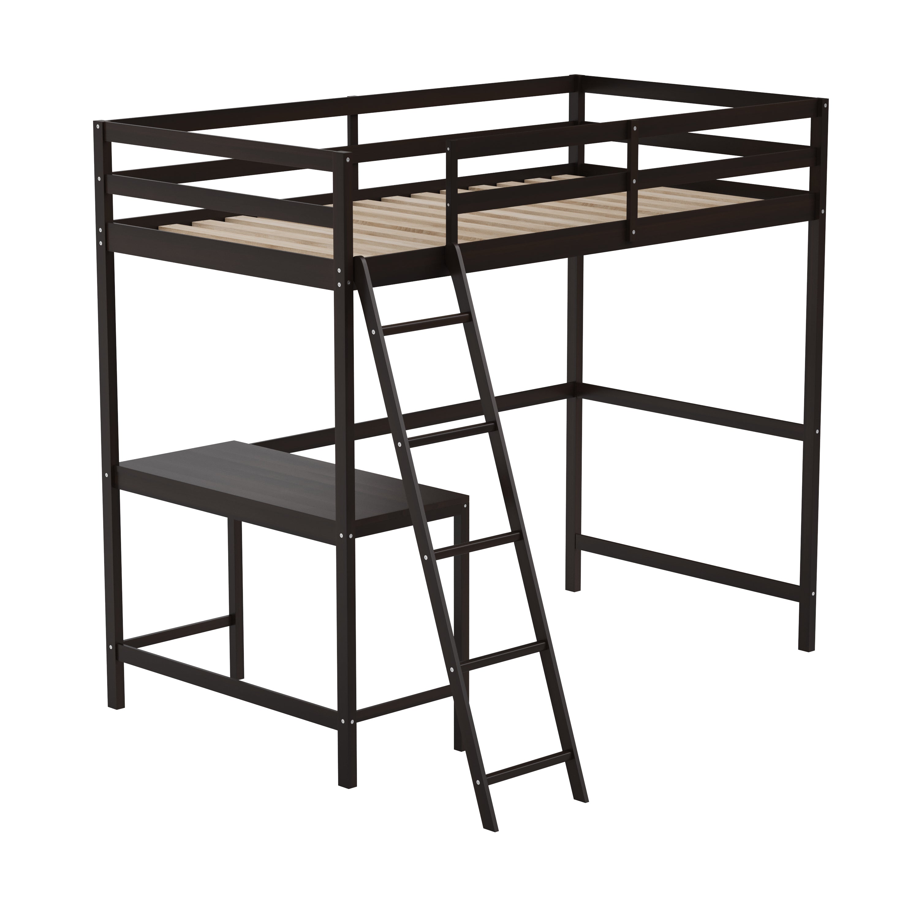 Riley Loft Bed Frame with Desk, Twin Size Wooden Bed Frame with Protective Guard Rails & Ladder for Kids and Teens - Espresso