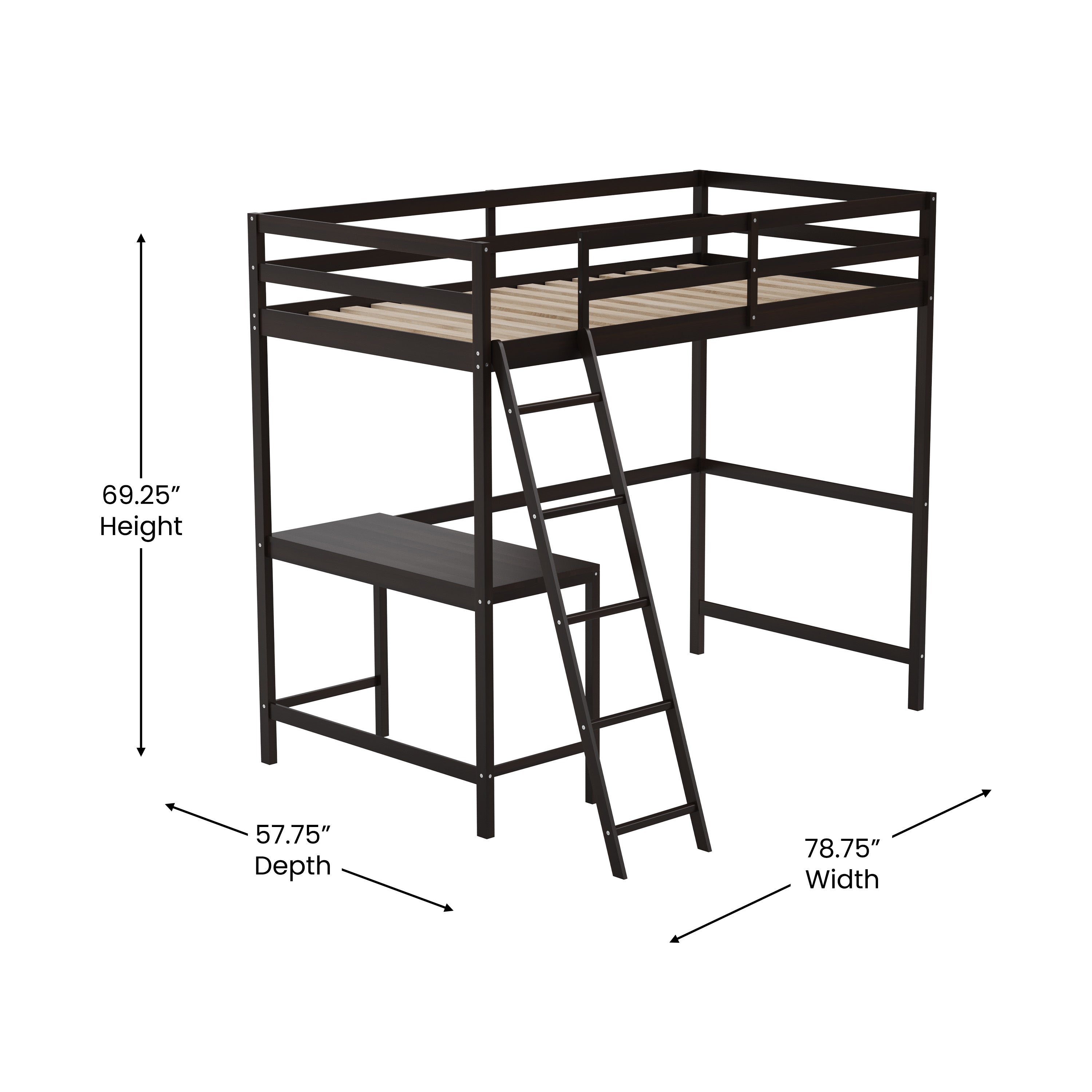 Riley Loft Bed Frame with Desk, Twin Size Wooden Bed Frame with Protective Guard Rails & Ladder for Kids and Teens - Espresso