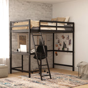 Riley Loft Bed Frame with Desk, Twin Size Wooden Bed Frame with Protective Guard Rails & Ladder for Kids and Teens - Espresso