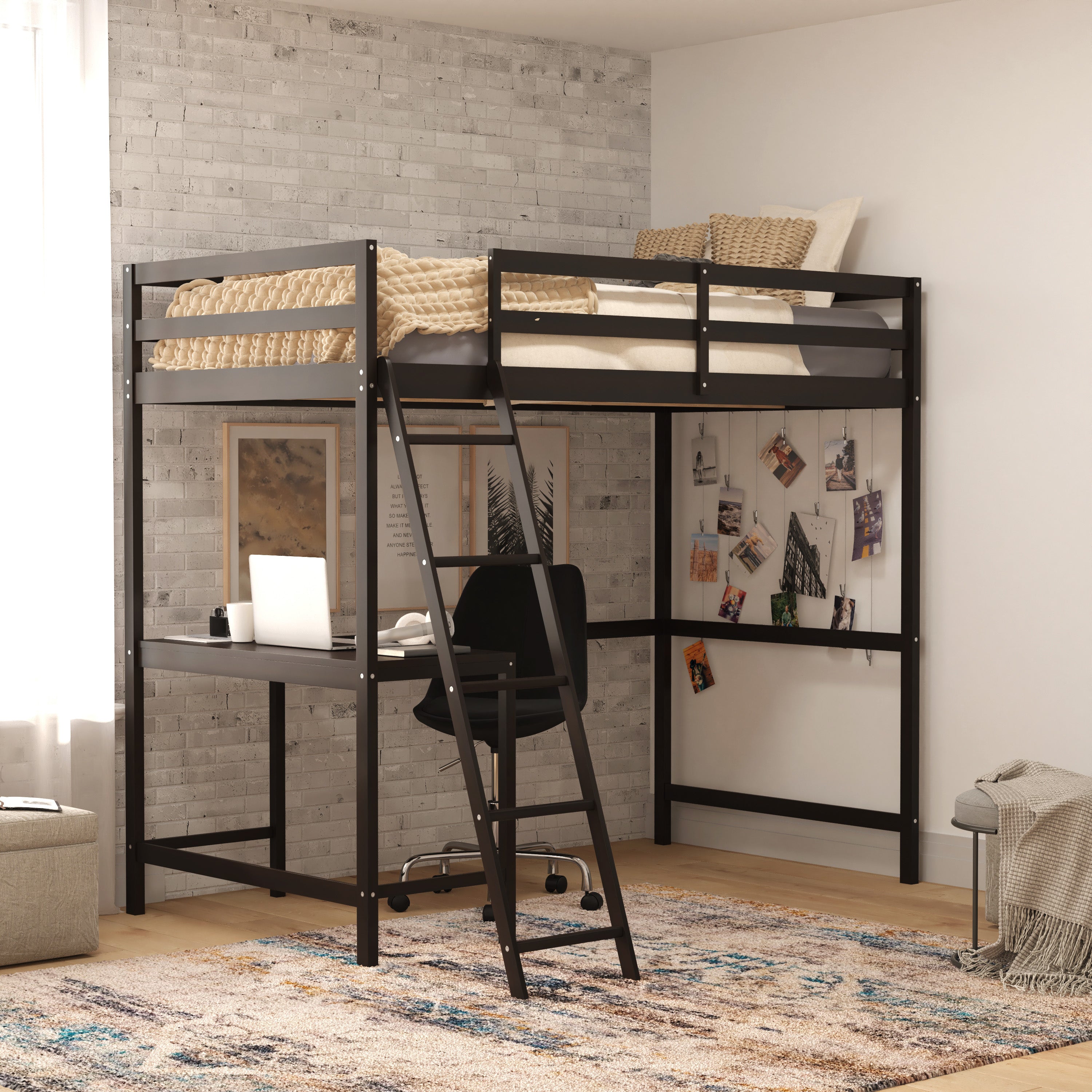 Riley Loft Bed Frame with Desk, Twin Size Wooden Bed Frame with Protective Guard Rails & Ladder for Kids and Teens - Espresso