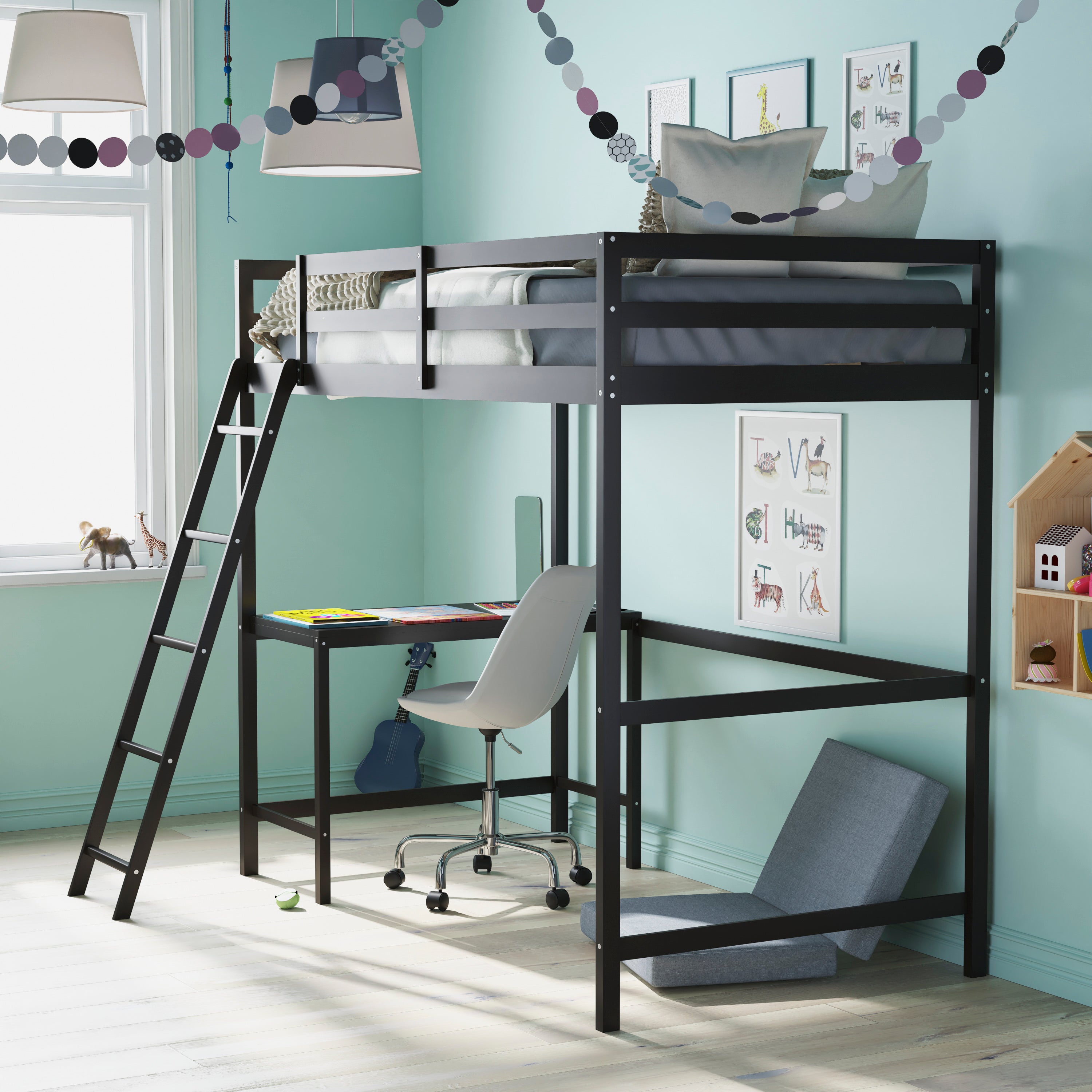 Riley Loft Bed Frame with Desk, Twin Size Wooden Bed Frame with Protective Guard Rails & Ladder for Kids and Teens - Espresso