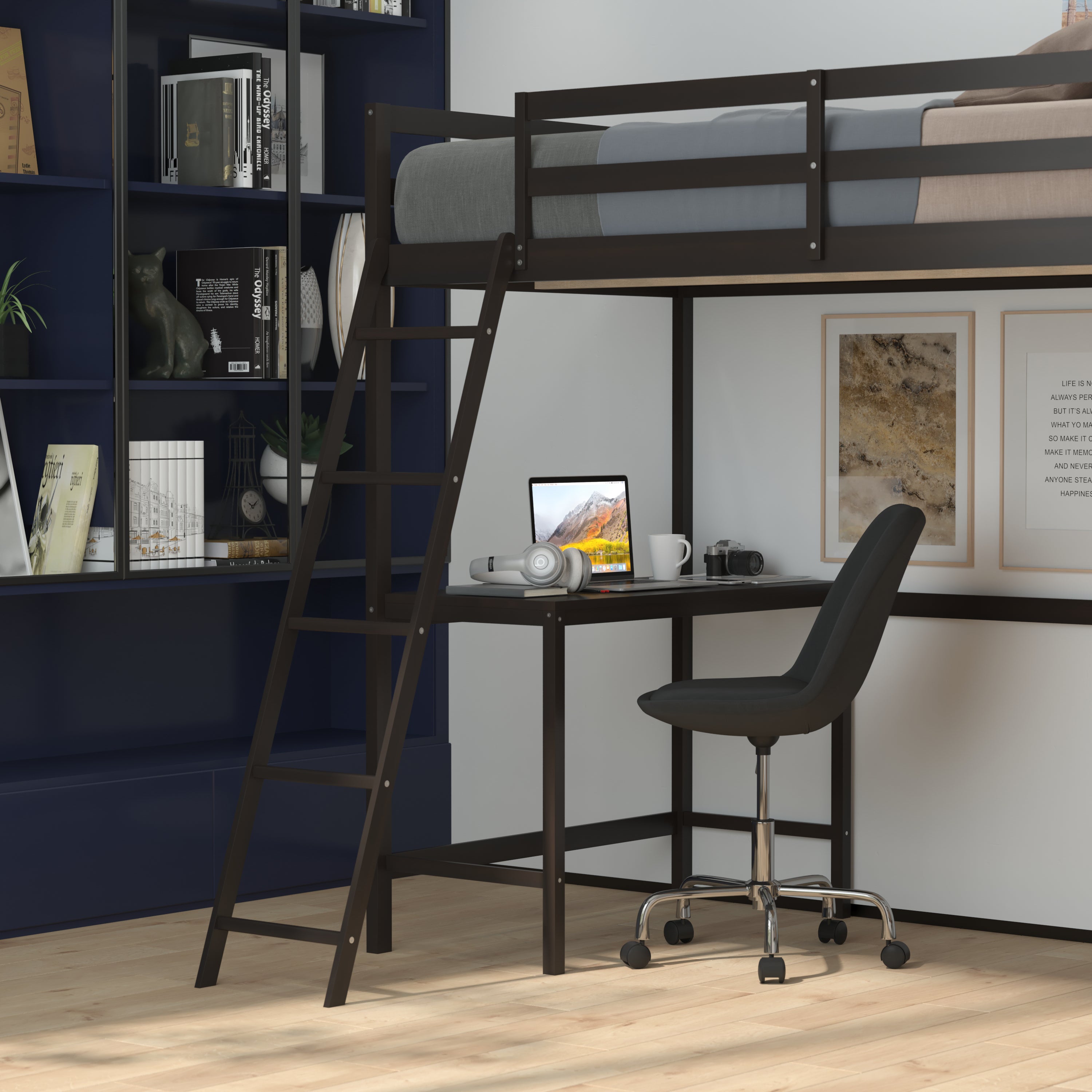 Riley Loft Bed Frame with Desk, Twin Size Wooden Bed Frame with Protective Guard Rails & Ladder for Kids and Teens - Espresso