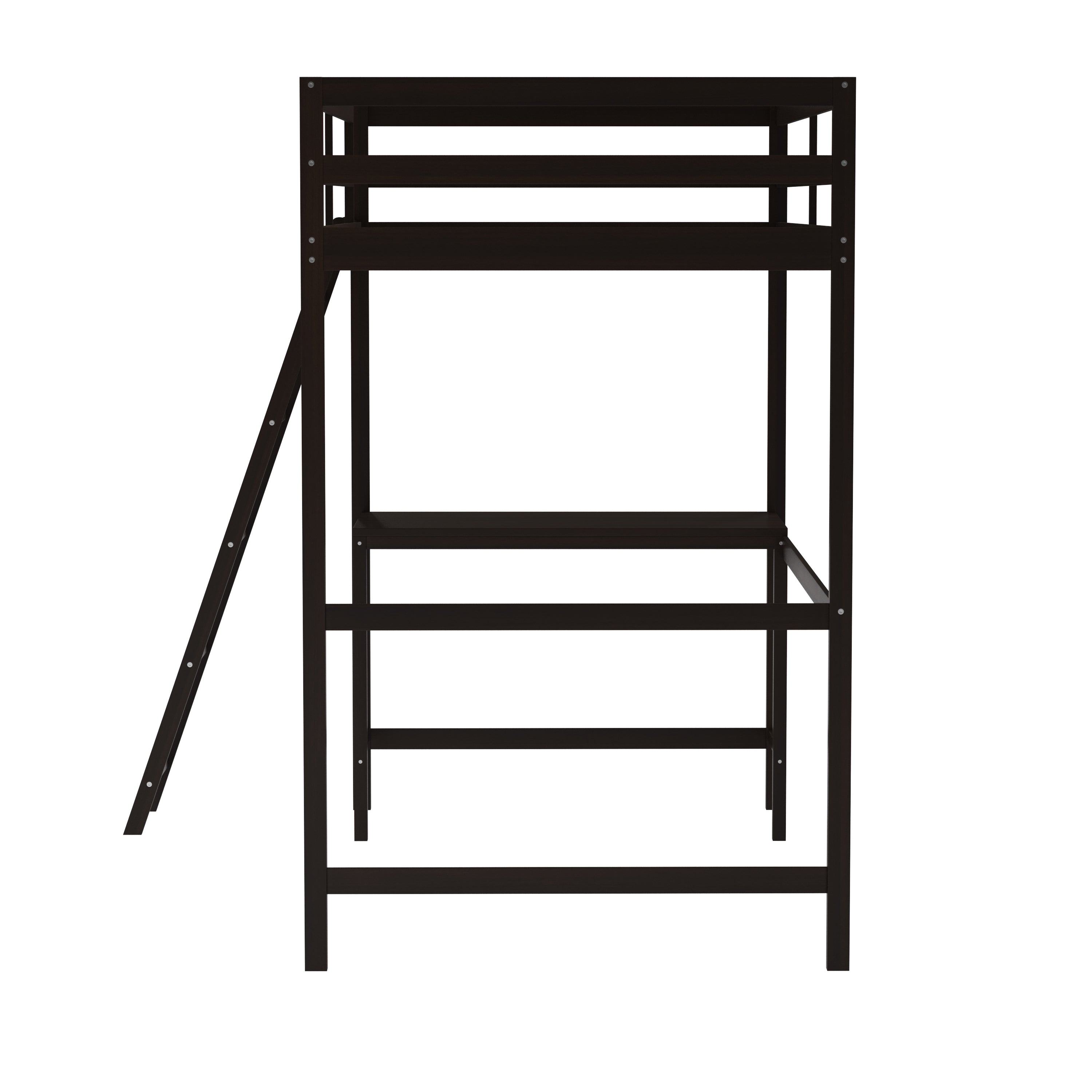 Riley Loft Bed Frame with Desk, Twin Size Wooden Bed Frame with Protective Guard Rails & Ladder for Kids and Teens - Espresso