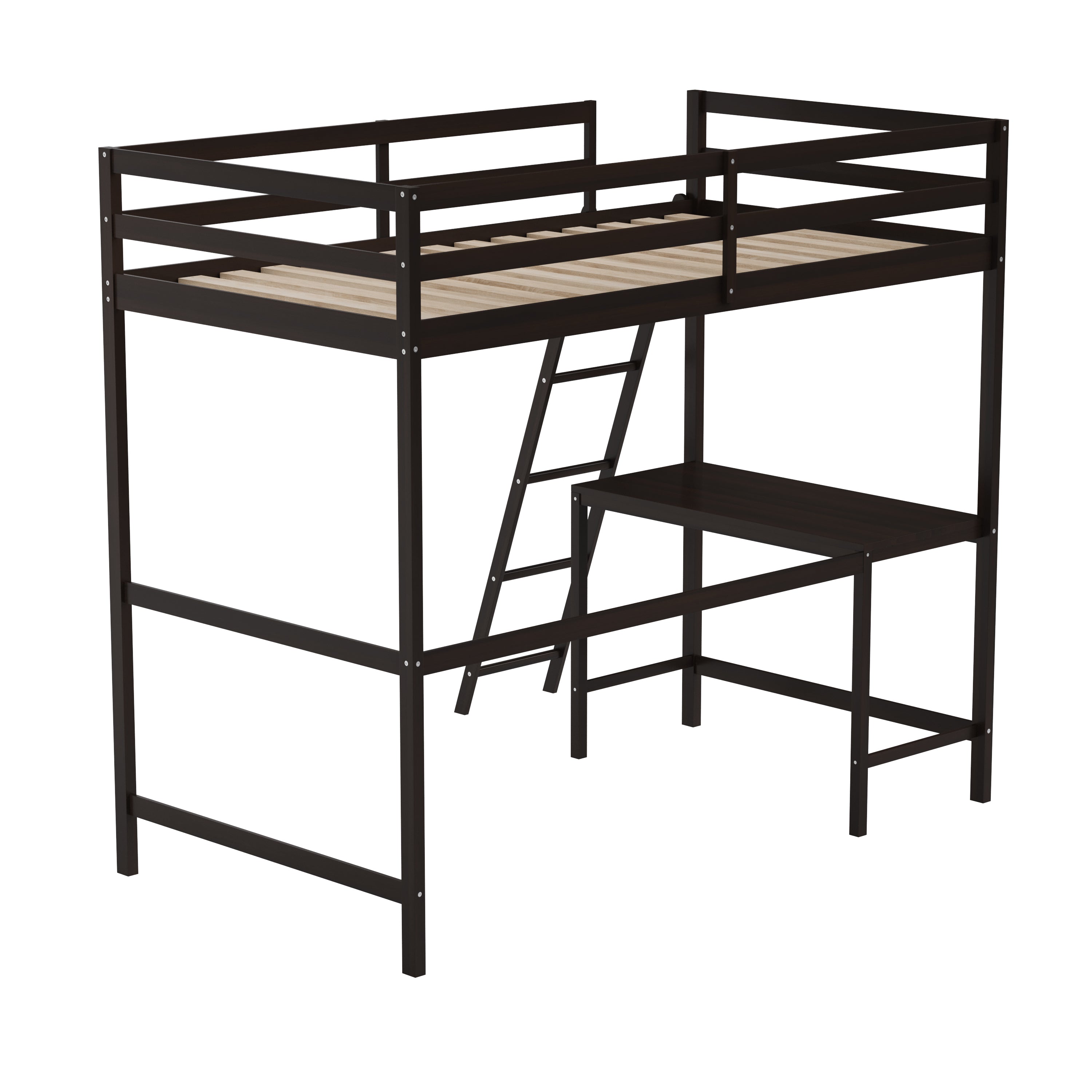 Riley Loft Bed Frame with Desk, Twin Size Wooden Bed Frame with Protective Guard Rails & Ladder for Kids and Teens - Espresso