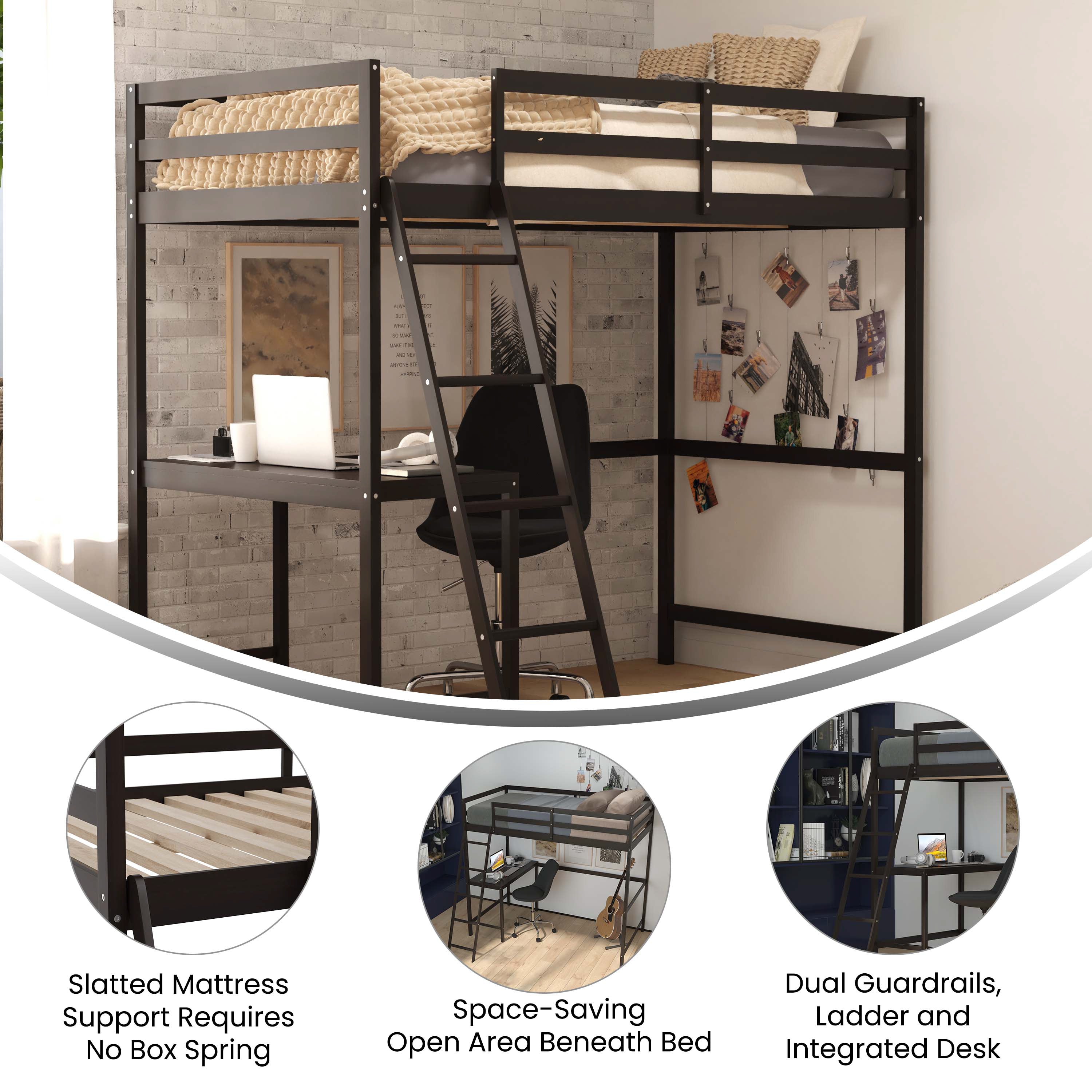 Riley Loft Bed Frame with Desk, Twin Size Wooden Bed Frame with Protective Guard Rails & Ladder for Kids and Teens - Espresso