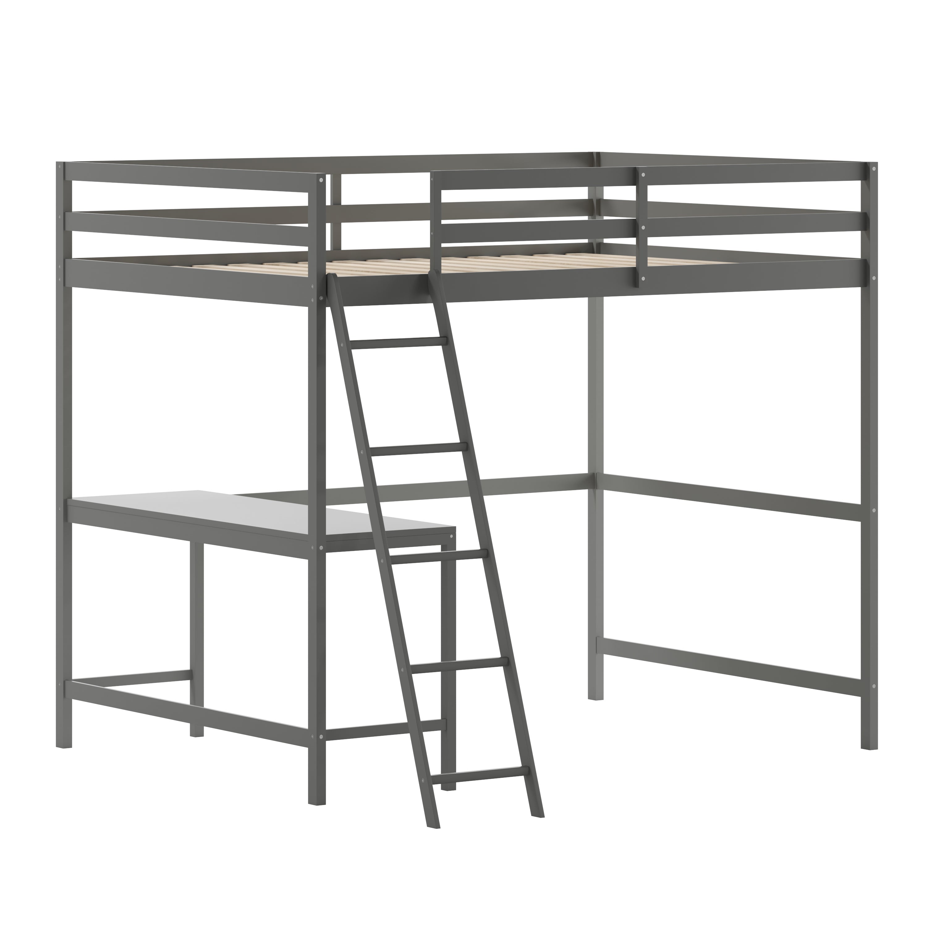 Riley Loft Bed Frame with Desk, Full Size Wooden Bed Frame with Protective Guard Rails & Ladder for Kids and Teens - Light Gray