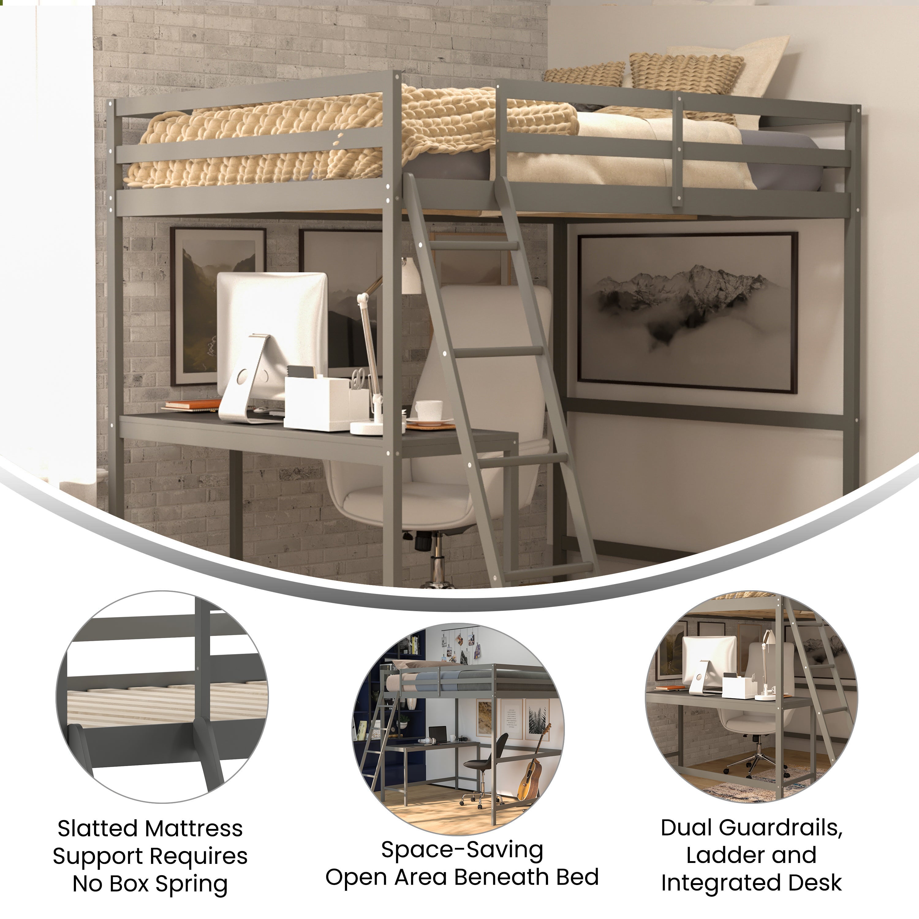 Riley Loft Bed Frame with Desk, Full Size Wooden Bed Frame with Protective Guard Rails & Ladder for Kids and Teens - Light Gray