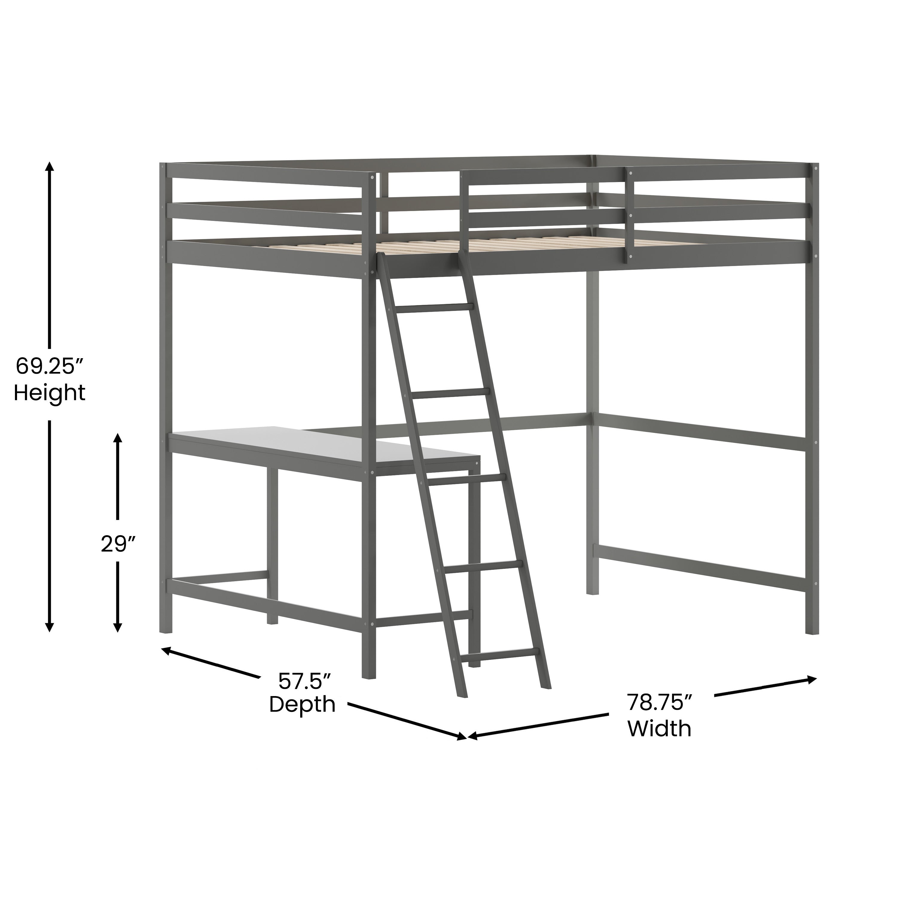 Riley Loft Bed Frame with Desk, Full Size Wooden Bed Frame with Protective Guard Rails & Ladder for Kids and Teens - Light Gray