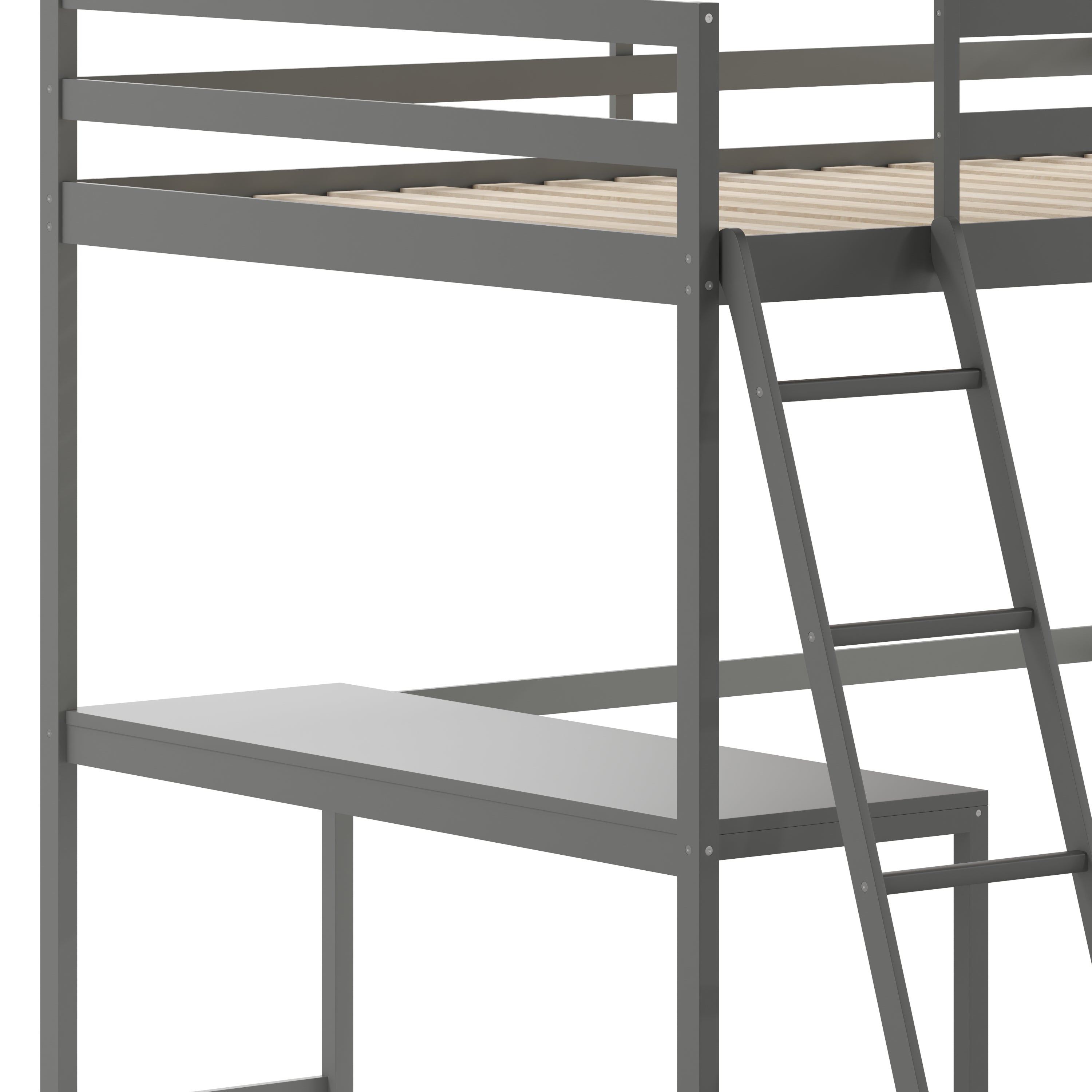 Riley Loft Bed Frame with Desk, Full Size Wooden Bed Frame with Protective Guard Rails & Ladder for Kids and Teens - Light Gray