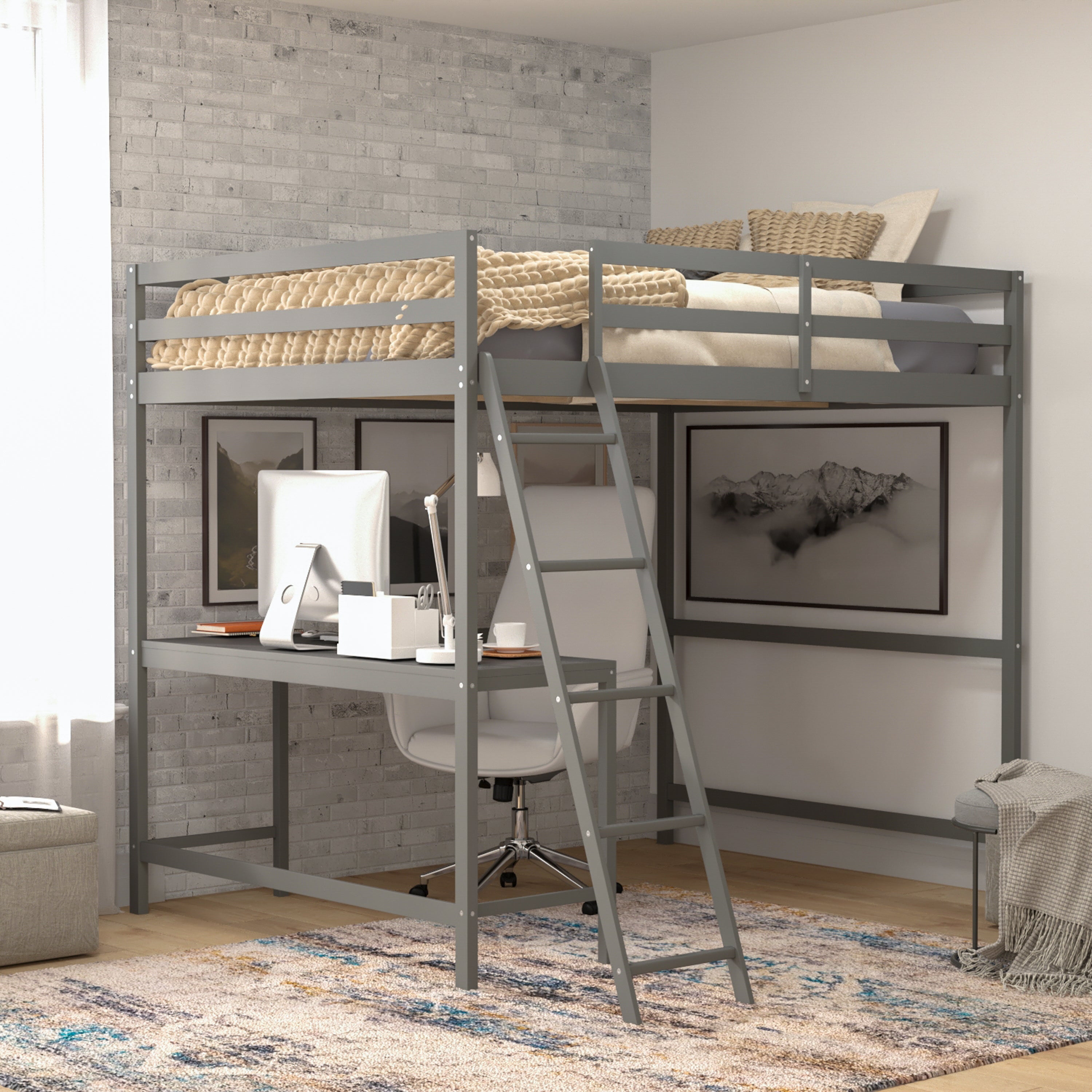 Riley Loft Bed Frame with Desk, Full Size Wooden Bed Frame with Protective Guard Rails & Ladder for Kids and Teens - Light Gray