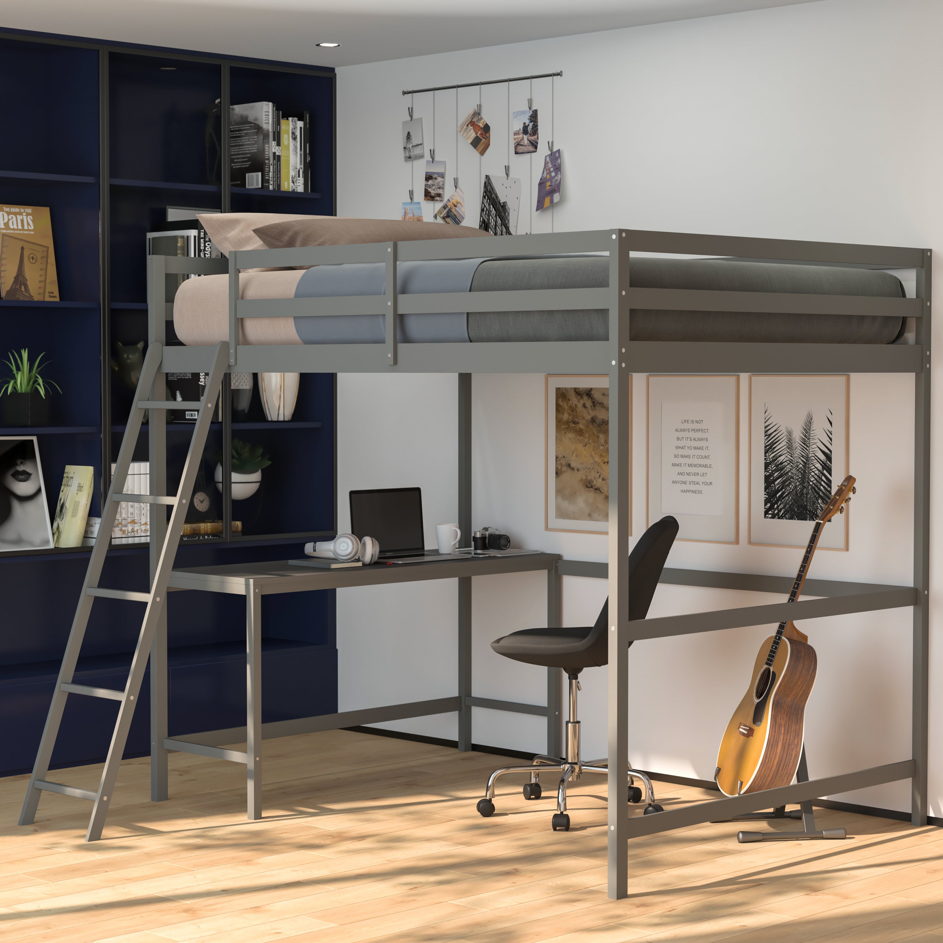 Riley Loft Bed Frame with Desk, Full Size Wooden Bed Frame with Protective Guard Rails & Ladder for Kids and Teens - Light Gray