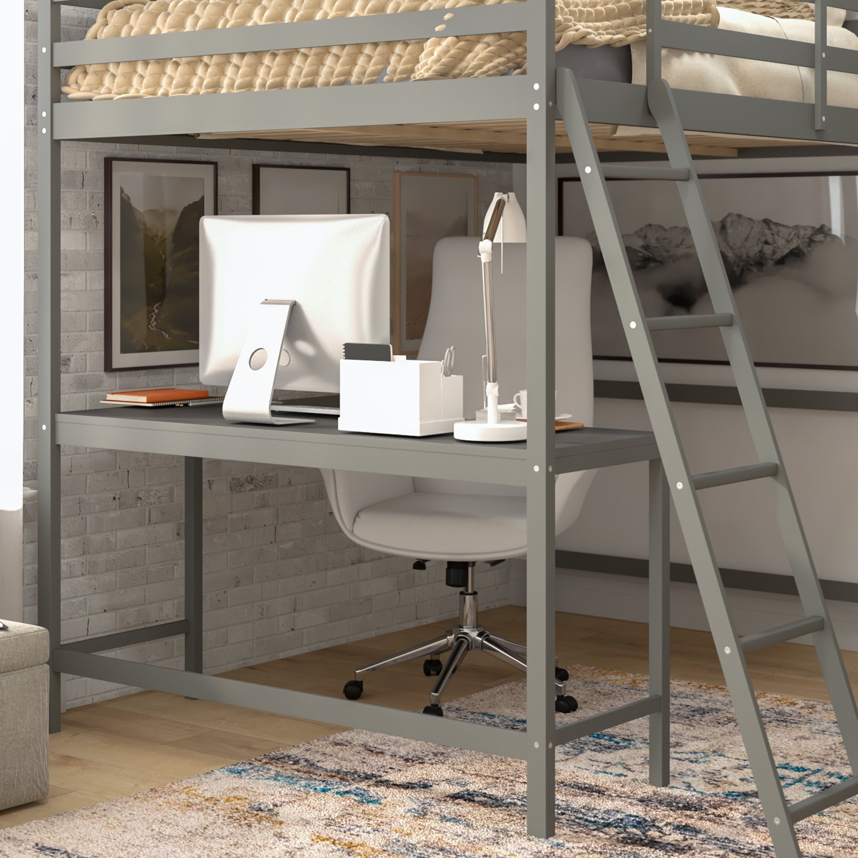 Riley Loft Bed Frame with Desk, Full Size Wooden Bed Frame with Protective Guard Rails & Ladder for Kids and Teens - Light Gray
