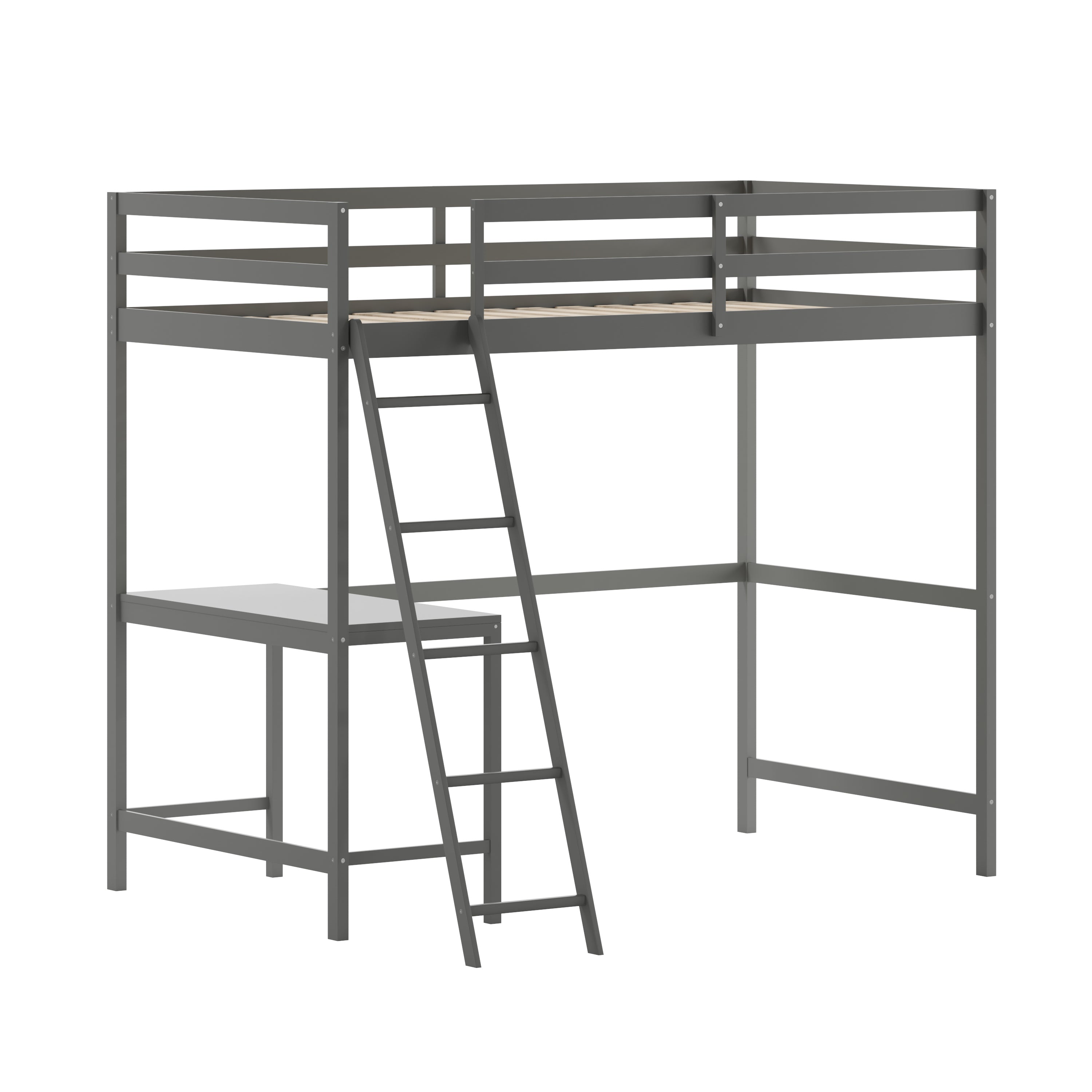 Riley Loft Bed Frame with Desk, Twin Size Wooden Bed Frame with Protective Guard Rails & Ladder for Kids and Teens - Light Gray