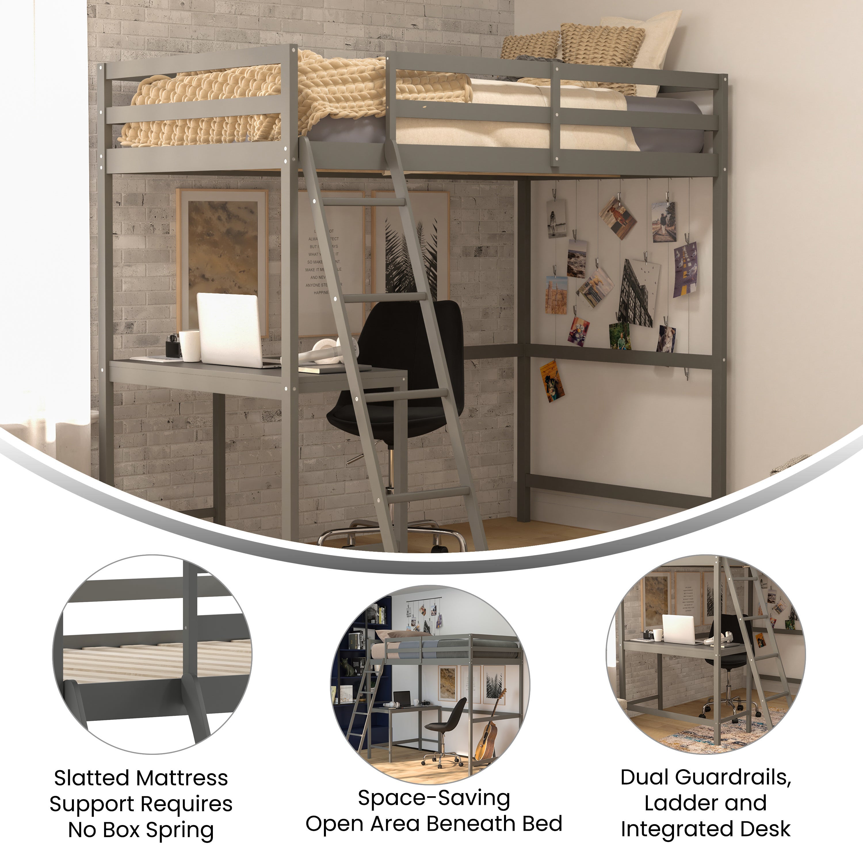 Riley Loft Bed Frame with Desk, Twin Size Wooden Bed Frame with Protective Guard Rails & Ladder for Kids and Teens - Light Gray