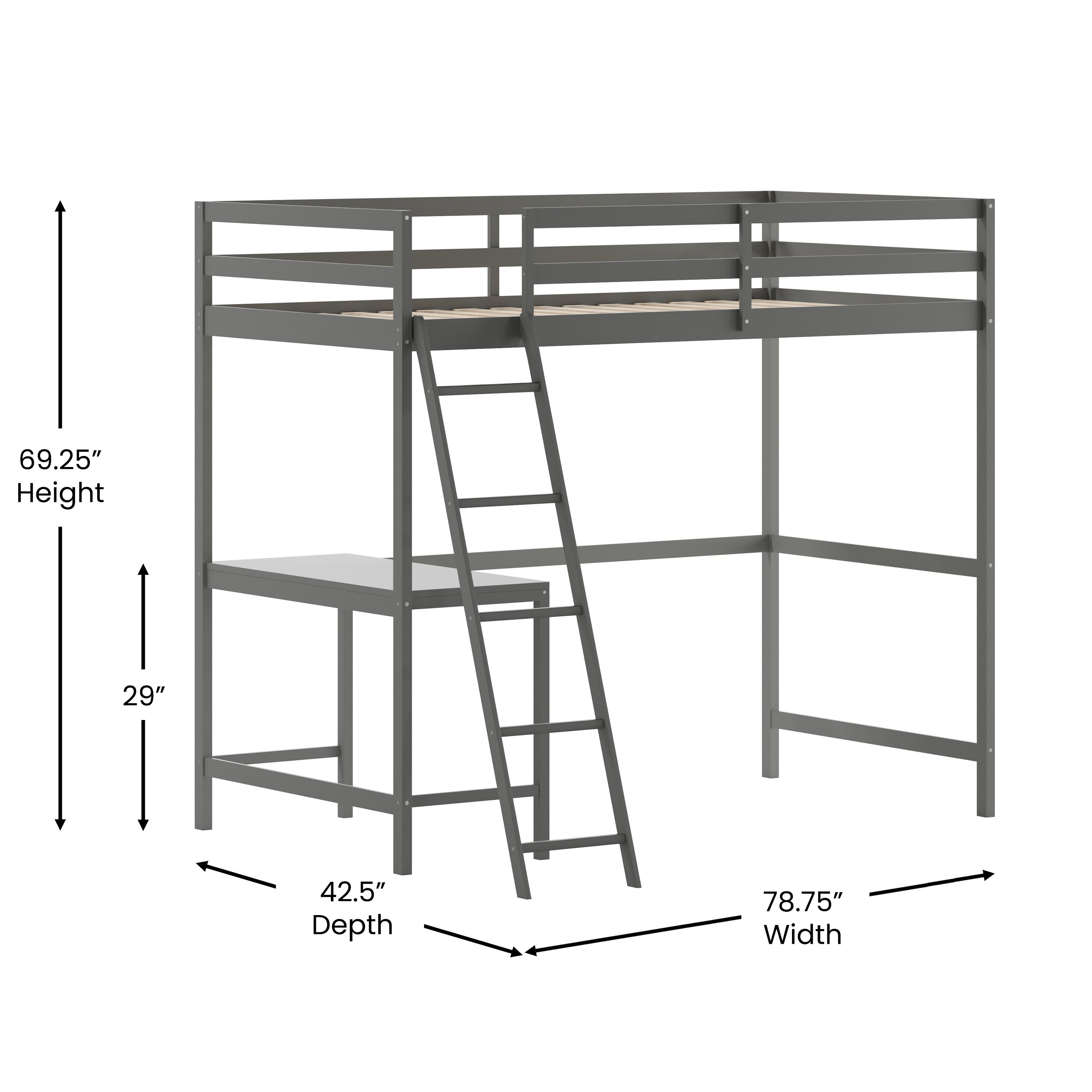Riley Loft Bed Frame with Desk, Twin Size Wooden Bed Frame with Protective Guard Rails & Ladder for Kids and Teens - Light Gray