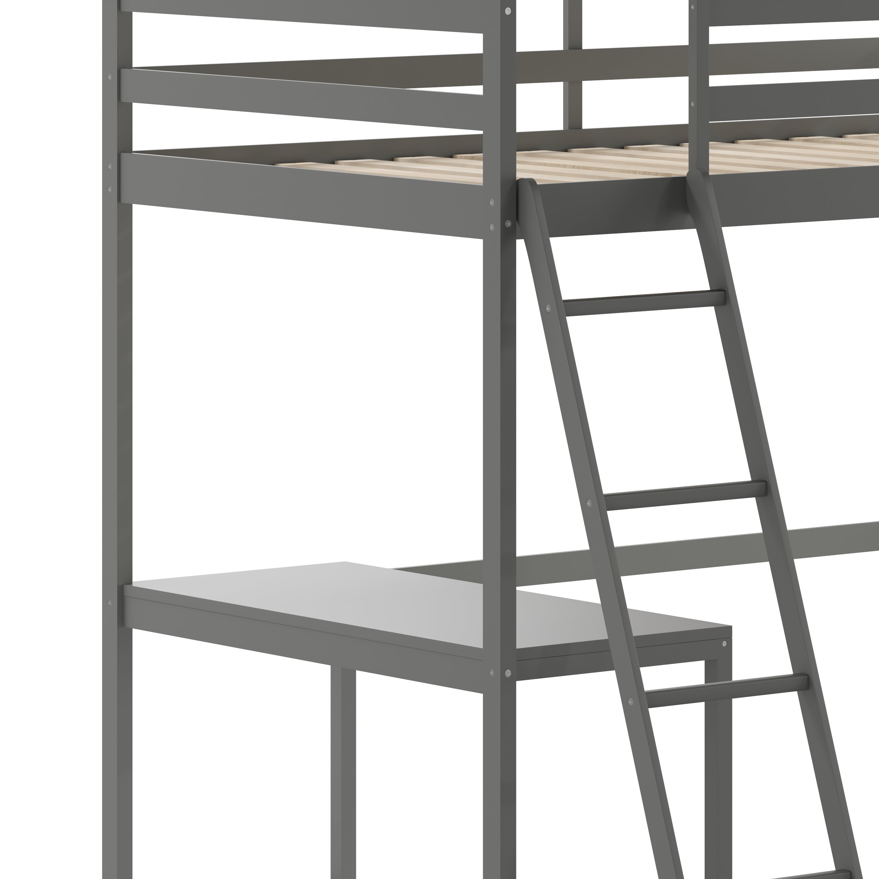 Riley Loft Bed Frame with Desk, Twin Size Wooden Bed Frame with Protective Guard Rails & Ladder for Kids and Teens - Light Gray