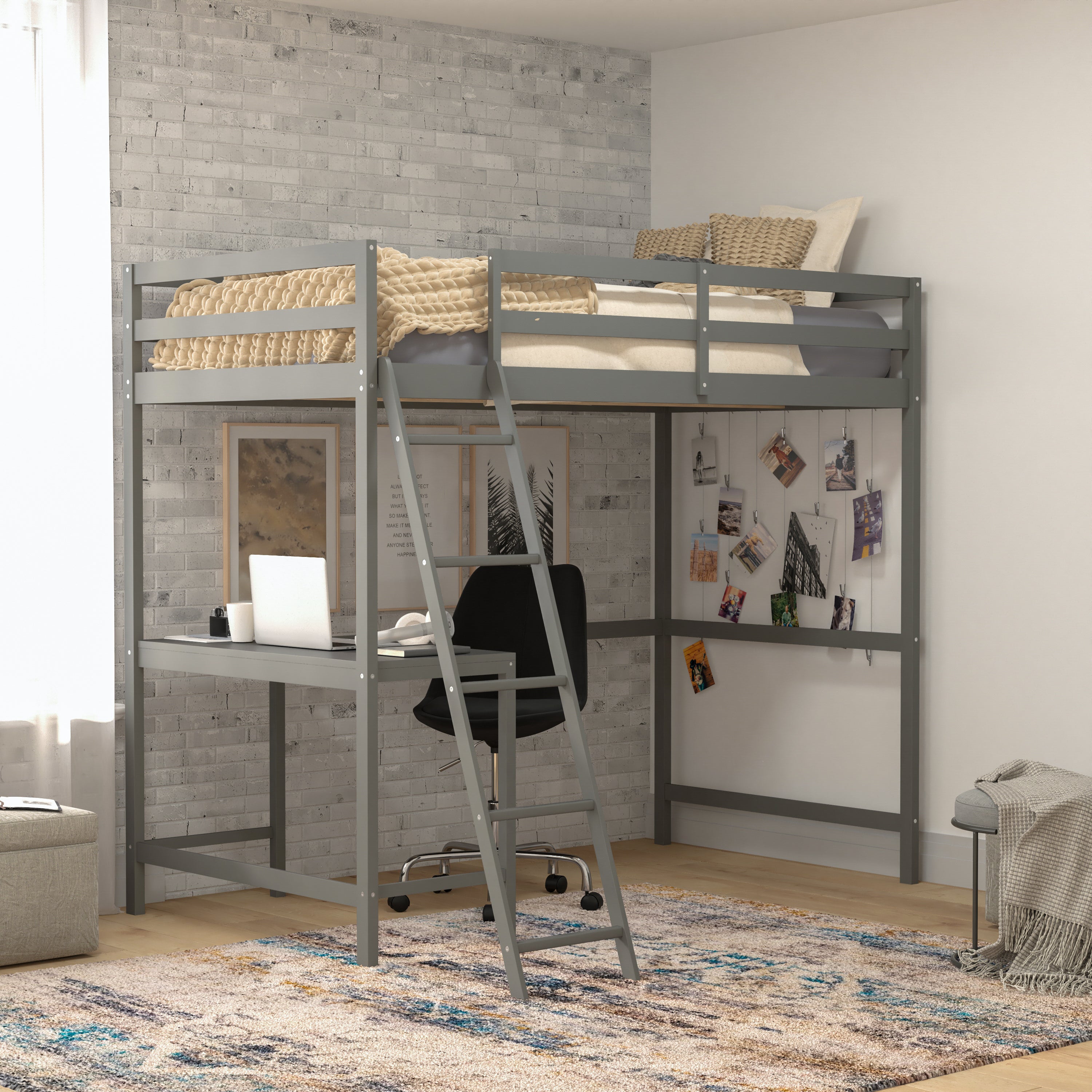 Riley Loft Bed Frame with Desk, Twin Size Wooden Bed Frame with Protective Guard Rails & Ladder for Kids and Teens - Light Gray