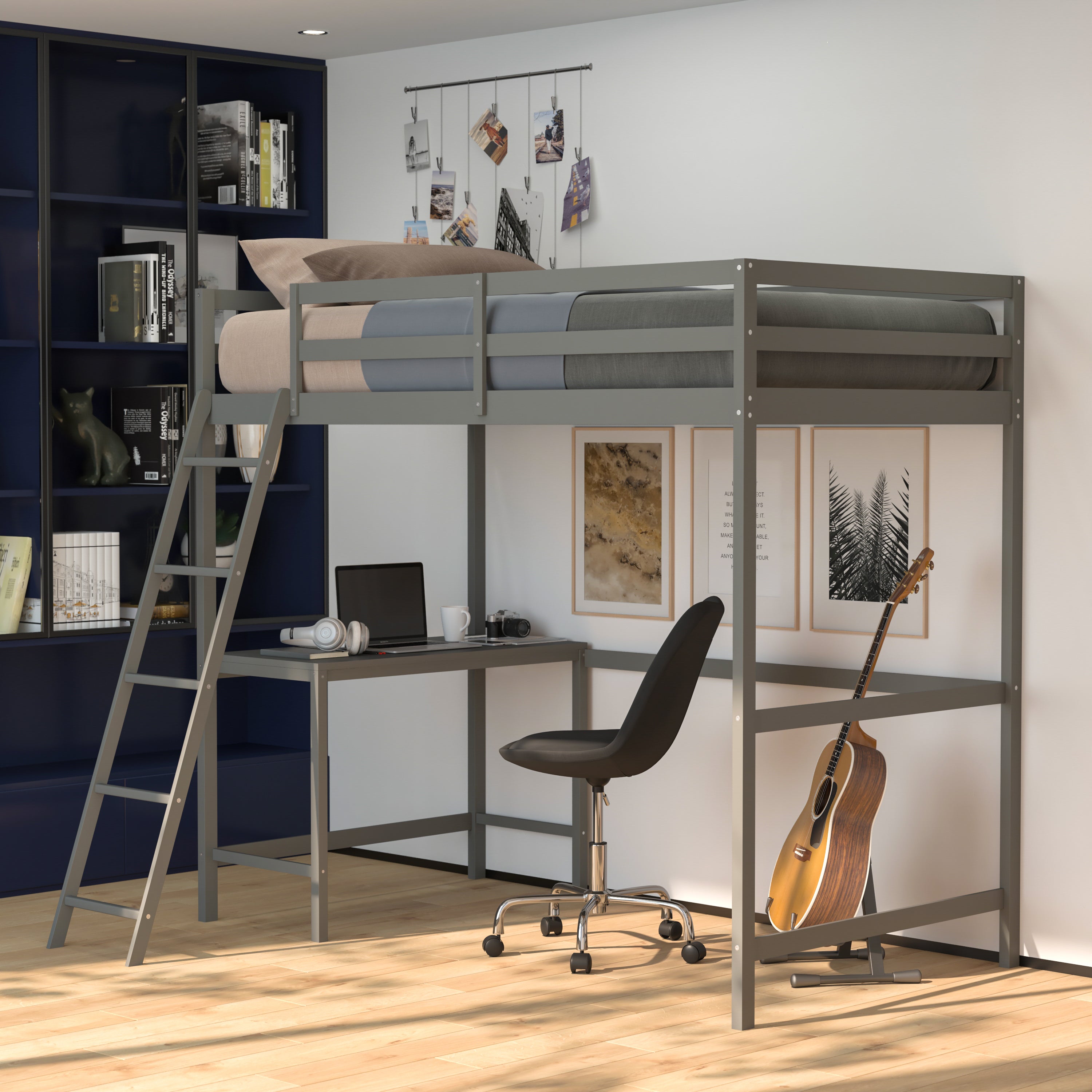 Riley Loft Bed Frame with Desk, Twin Size Wooden Bed Frame with Protective Guard Rails & Ladder for Kids and Teens - Light Gray
