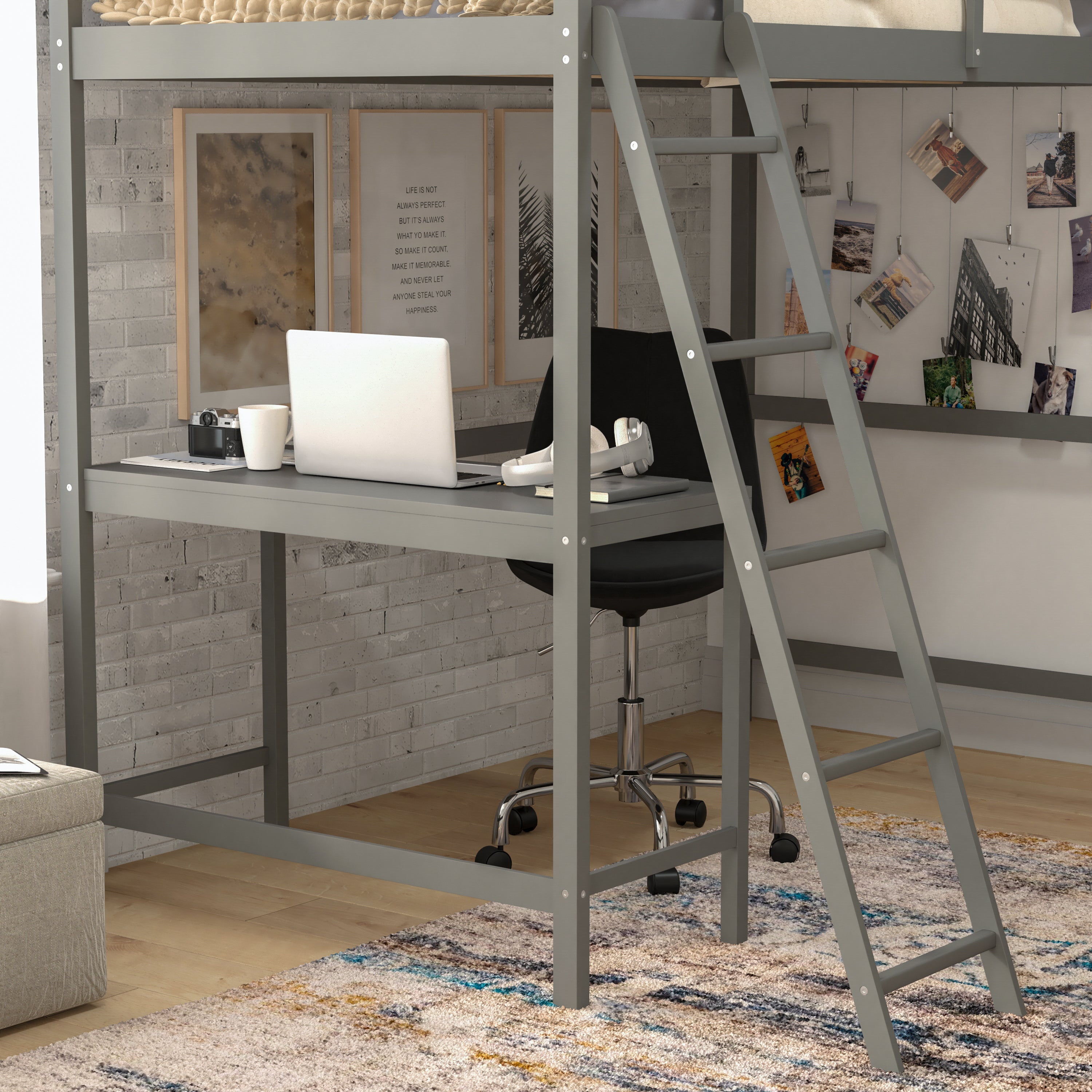 Riley Loft Bed Frame with Desk, Twin Size Wooden Bed Frame with Protective Guard Rails & Ladder for Kids and Teens - Light Gray