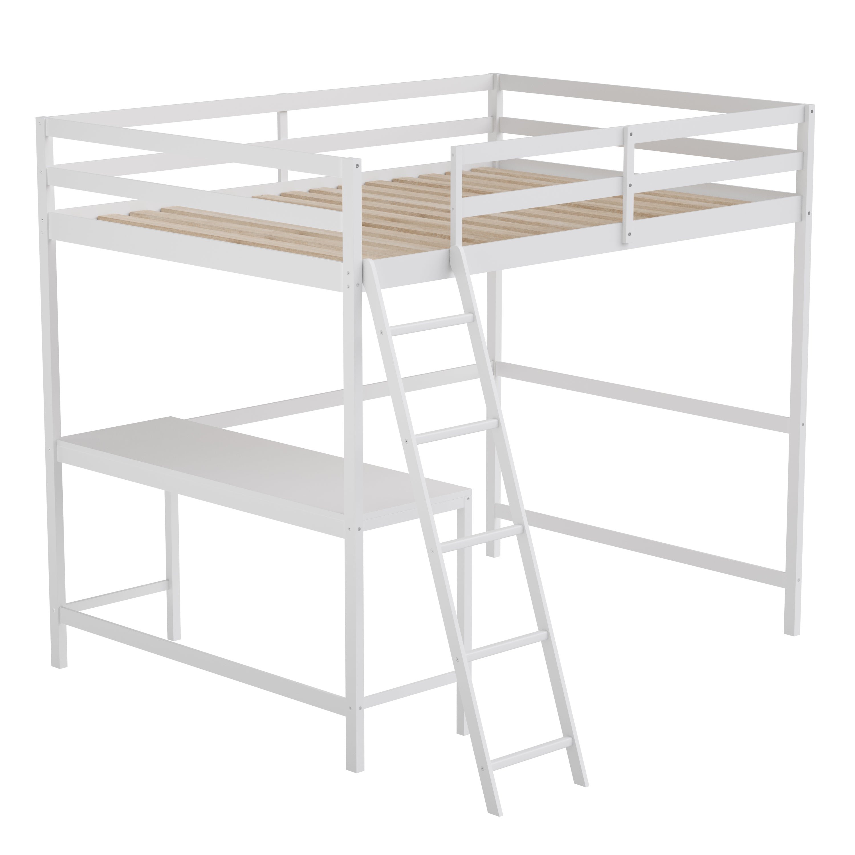 Riley Loft Bed Frame with Desk, Full Size Wooden Bed Frame with Protective Guard Rails & Ladder for Kids and Teens - White