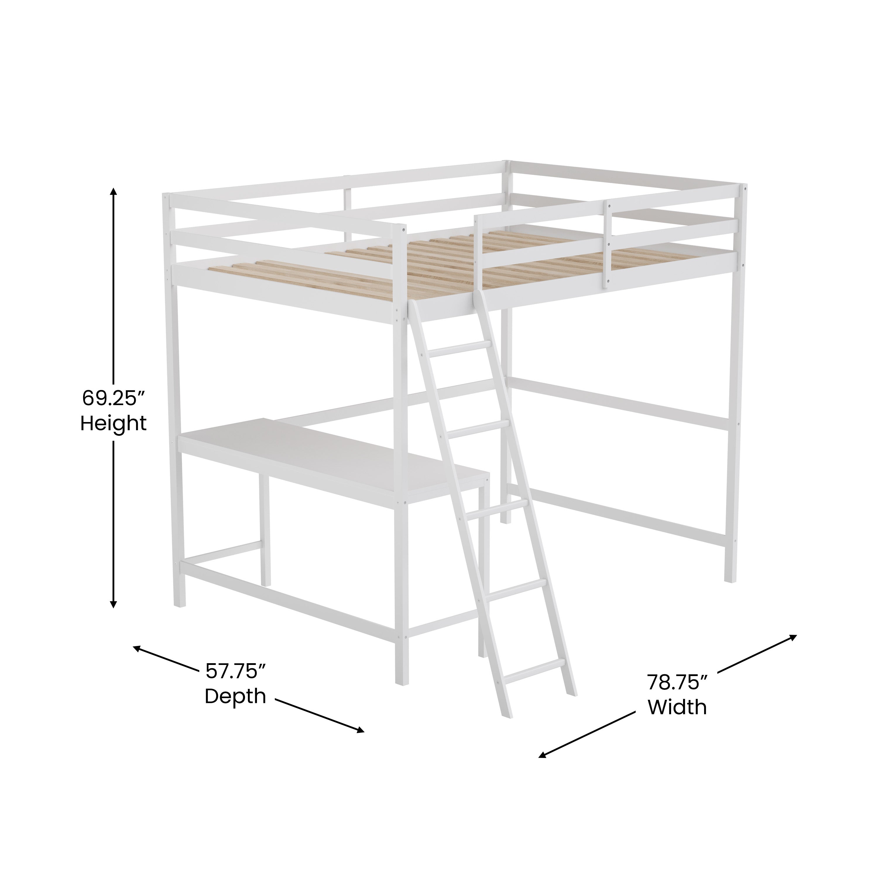 Riley Loft Bed Frame with Desk, Full Size Wooden Bed Frame with Protective Guard Rails & Ladder for Kids and Teens - White
