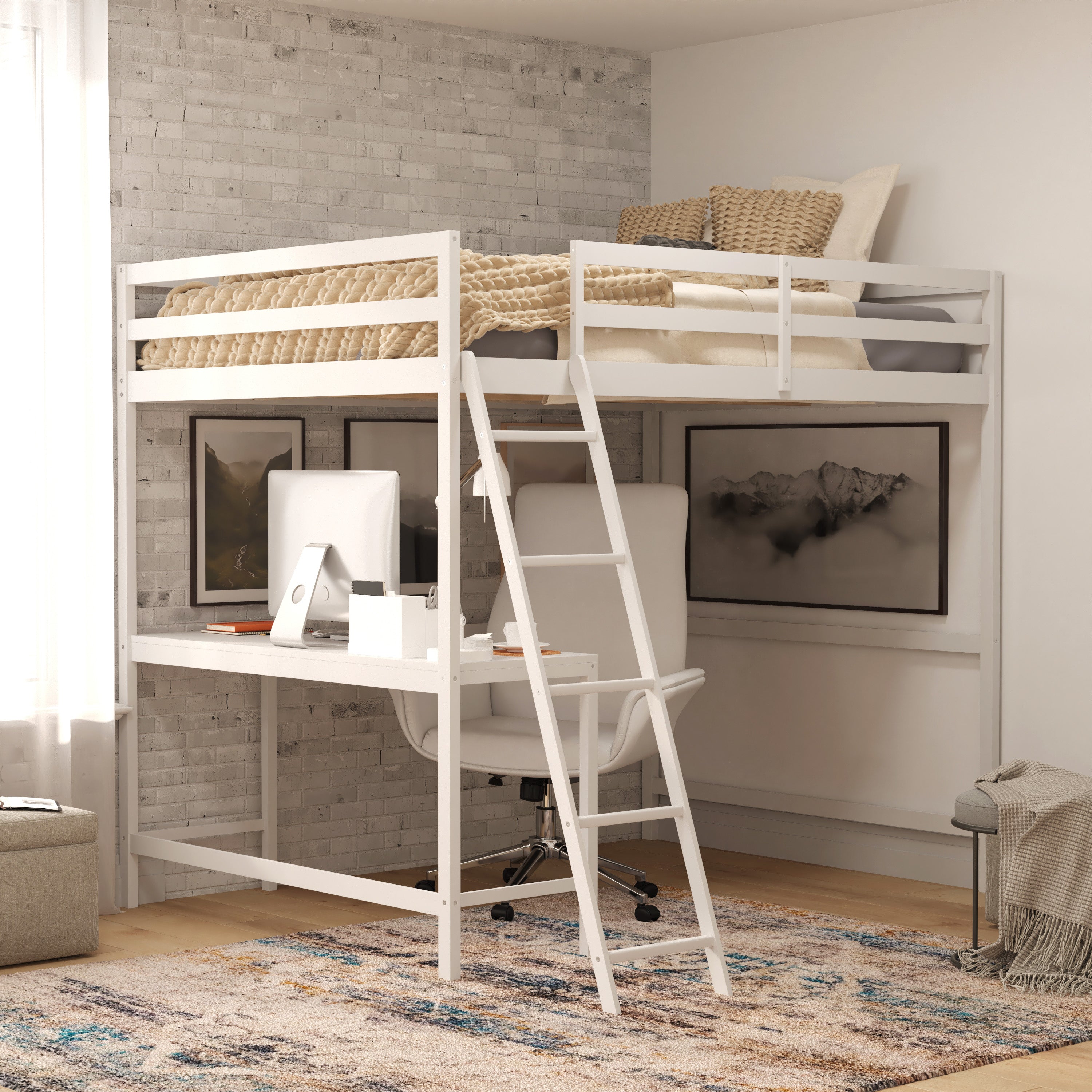 Riley Loft Bed Frame with Desk, Full Size Wooden Bed Frame with Protective Guard Rails & Ladder for Kids and Teens - White