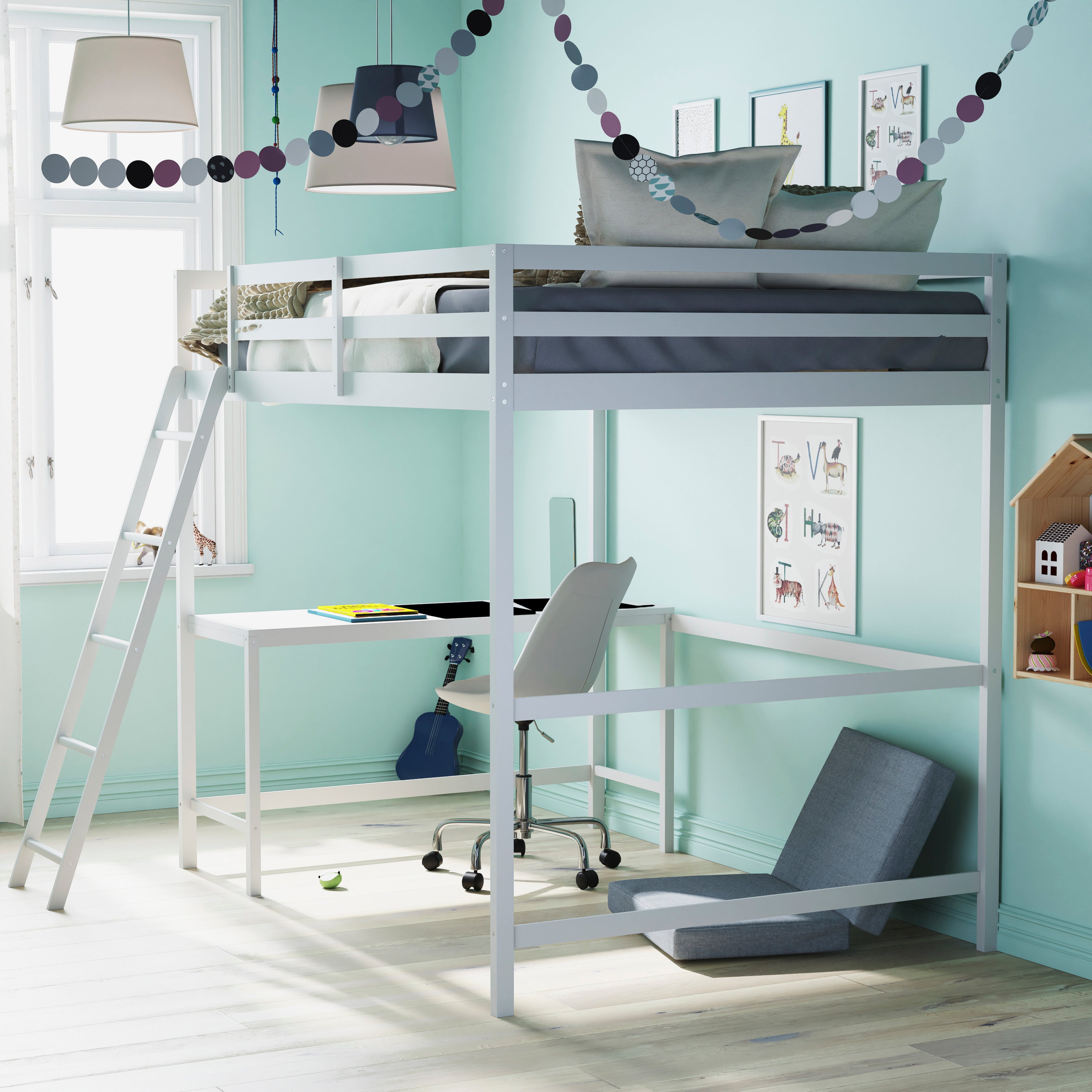 Riley Loft Bed Frame with Desk, Full Size Wooden Bed Frame with Protective Guard Rails & Ladder for Kids and Teens - White