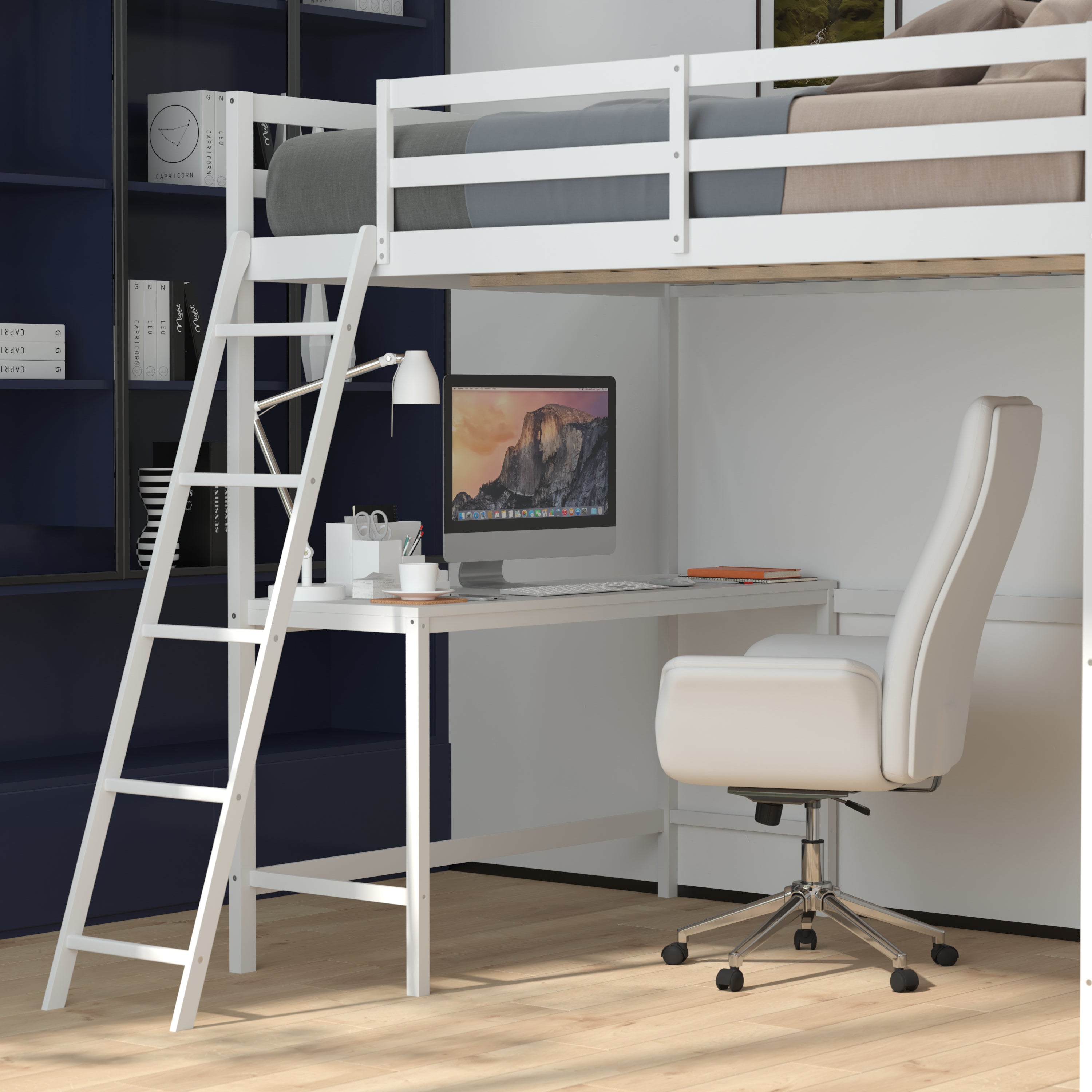 Riley Loft Bed Frame with Desk, Full Size Wooden Bed Frame with Protective Guard Rails & Ladder for Kids and Teens - White